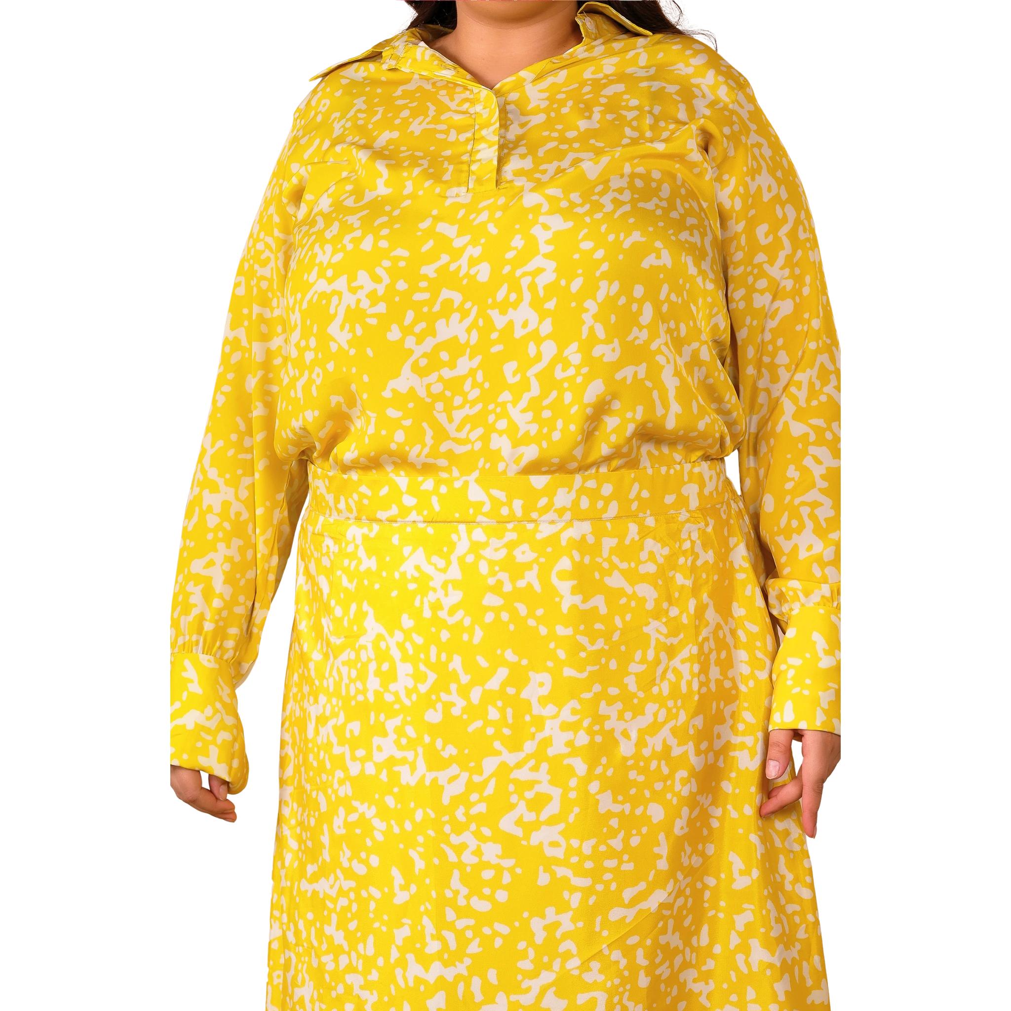 Yellow Satin Print Plus Size Co Ord Set