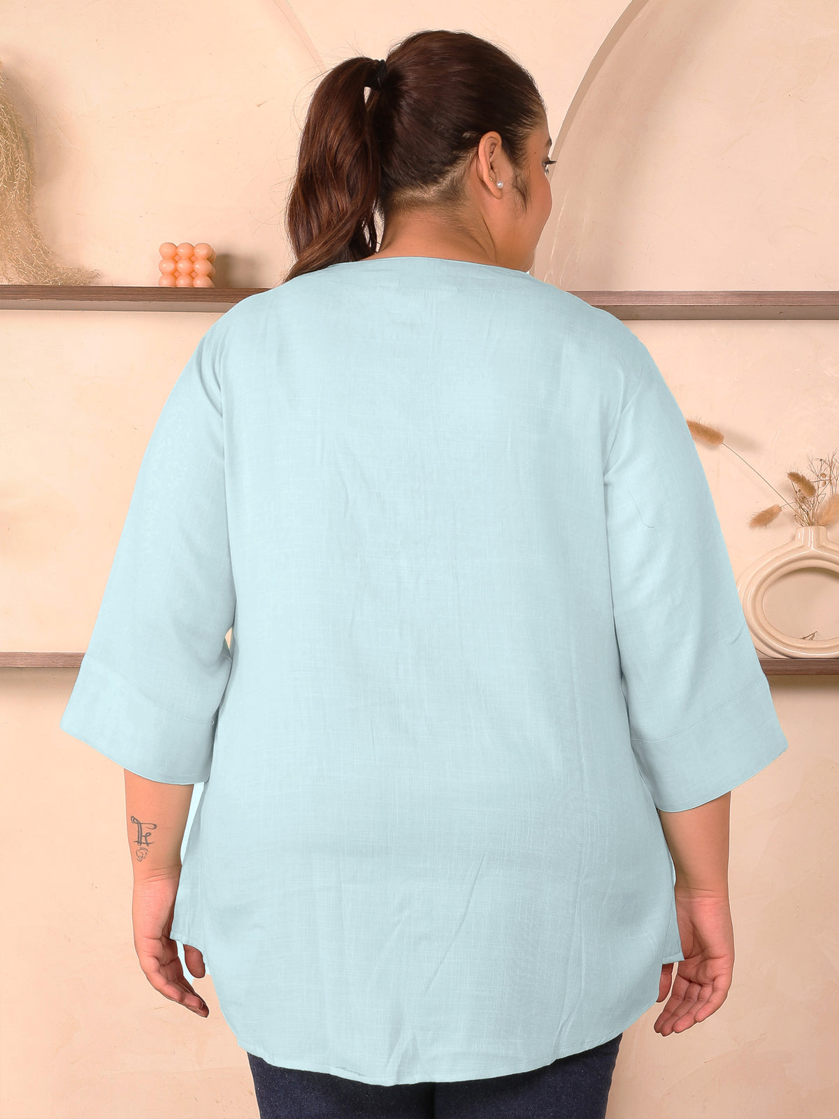 Blue Cotton Linen Plus Size Tunic