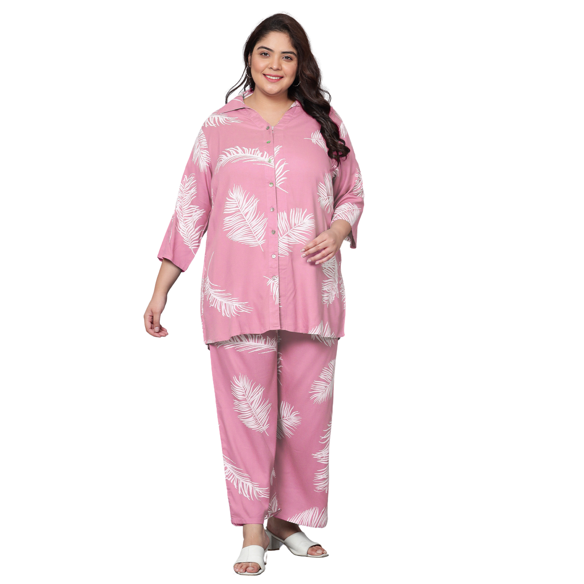 Pink Leaf Print Plus Size Co-Ord Set