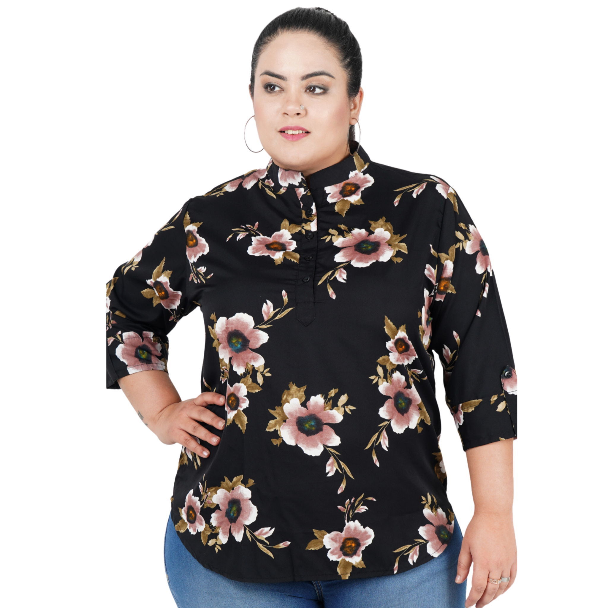 Black Floral Print Plus Size Tunic