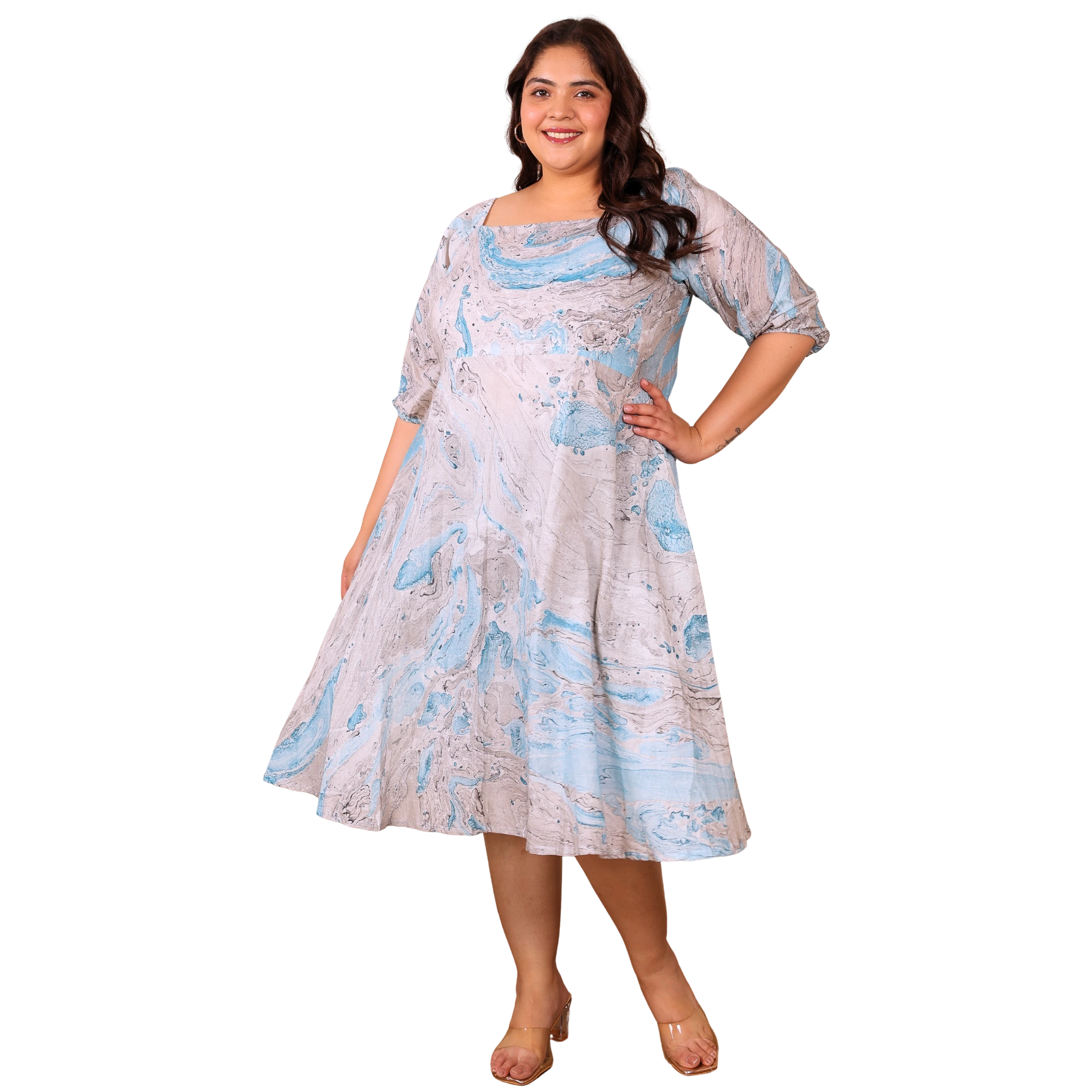 Blue Marble Print Plus Size Dress