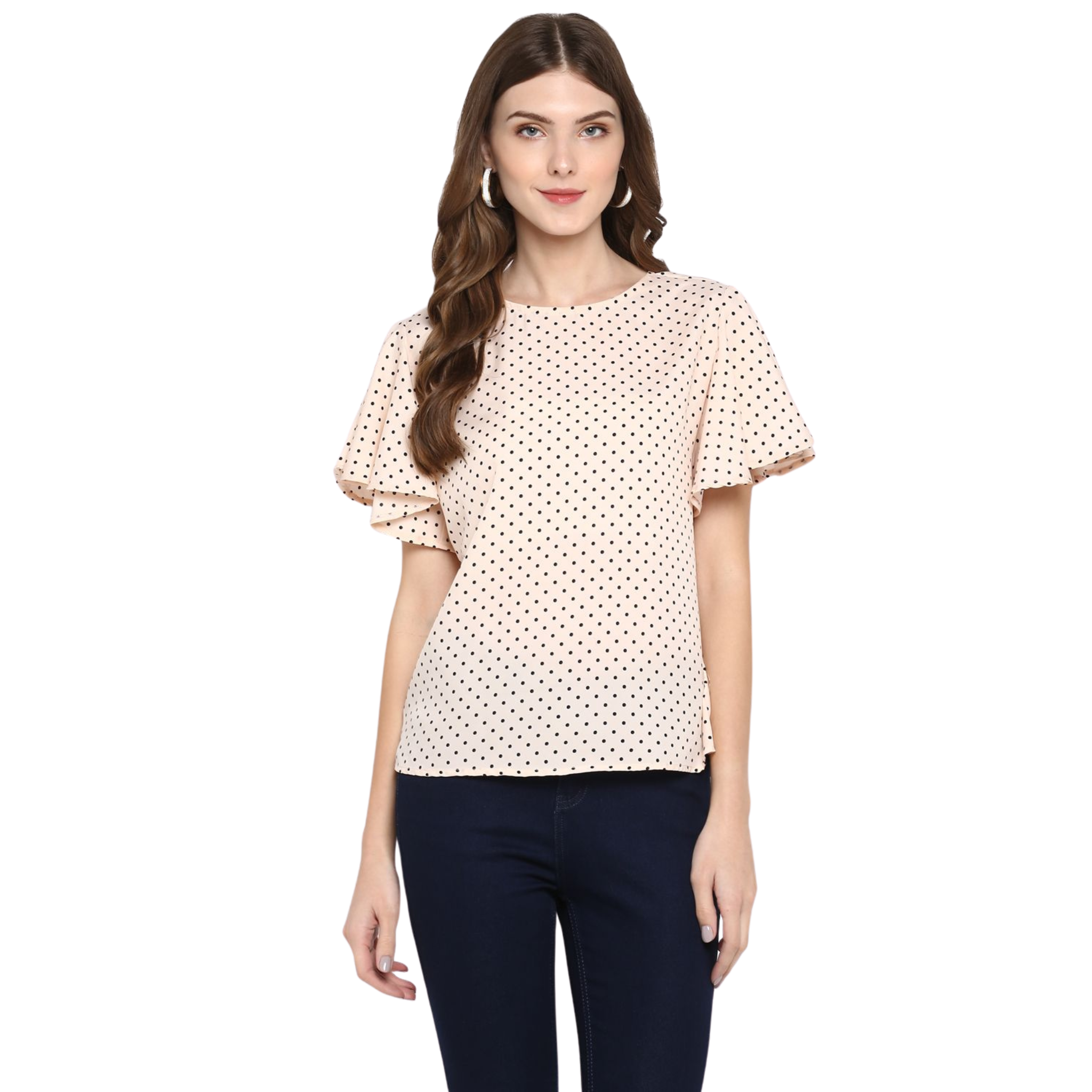 Peach Polka Dot Flutter Sleeve Top