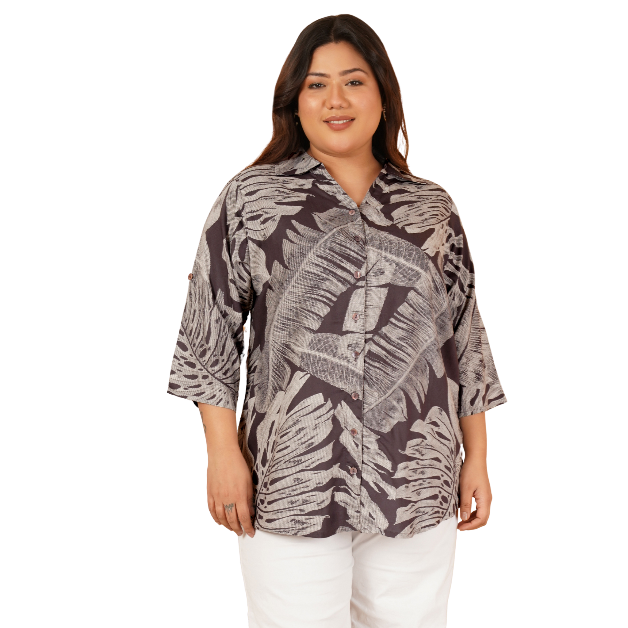 Brown Leaf Print Plus Size Shirt
