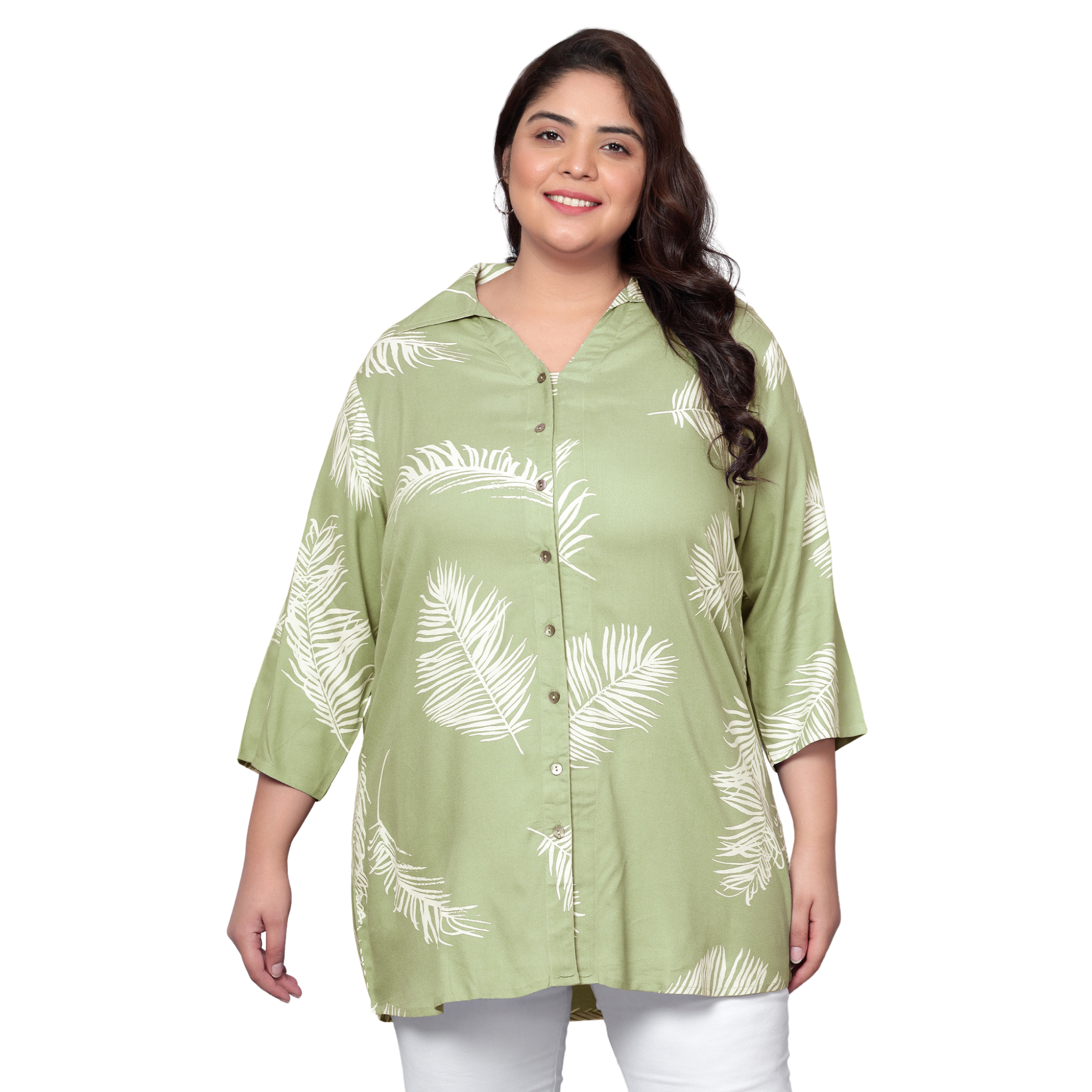 Green Leaf Print Plus Size Shirt