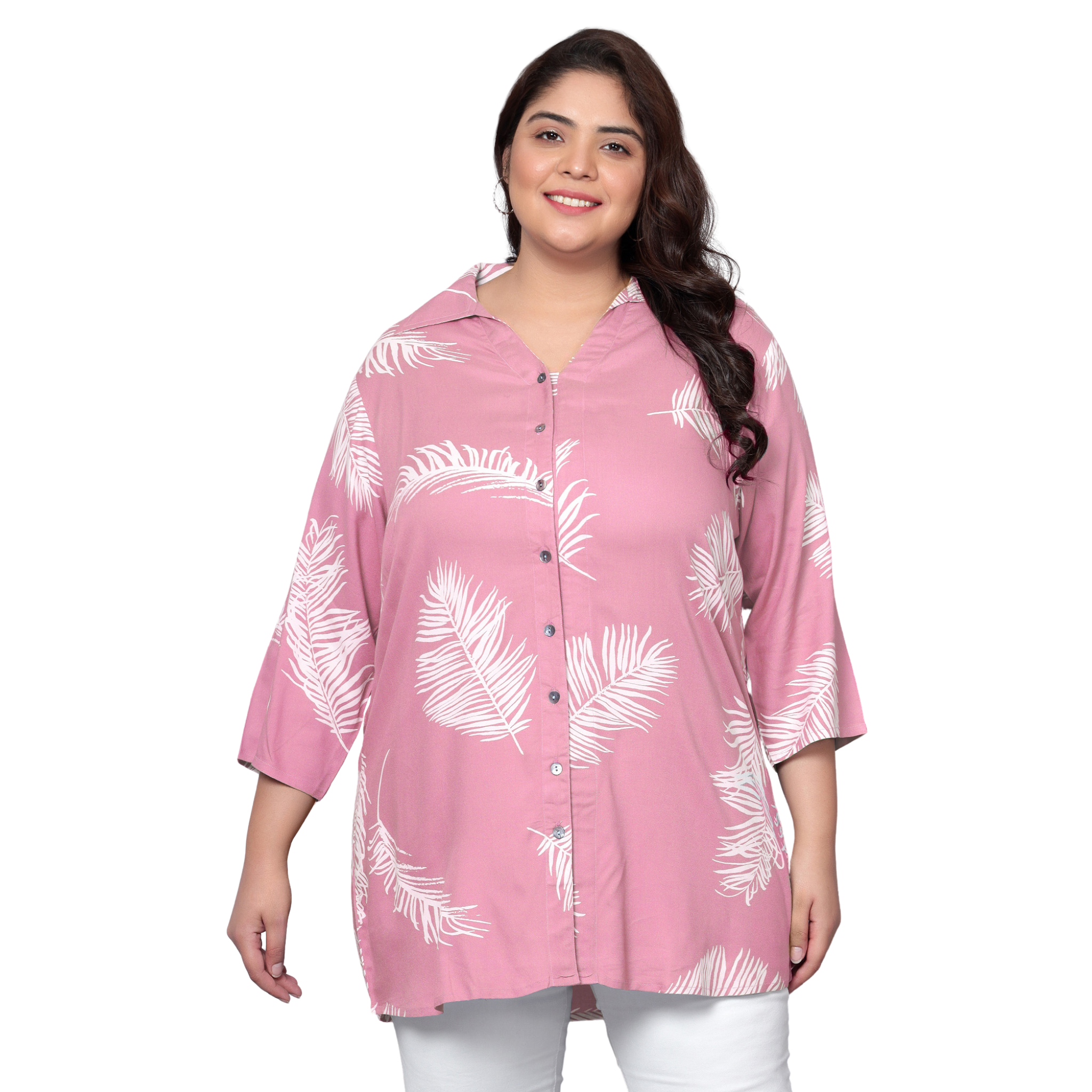 Pink Leaf Print Plus Size Shirt