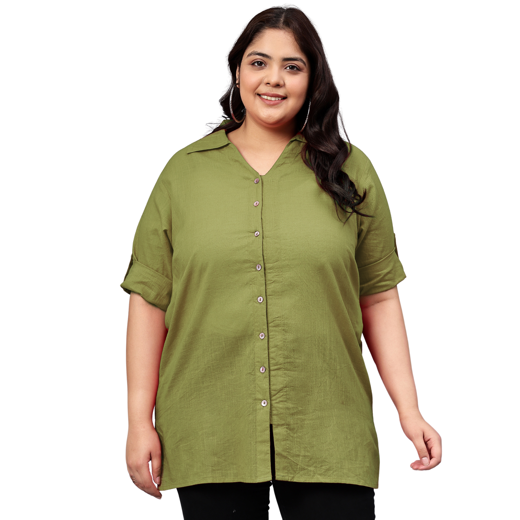 Green Cotton Longline Plus Size Shirt