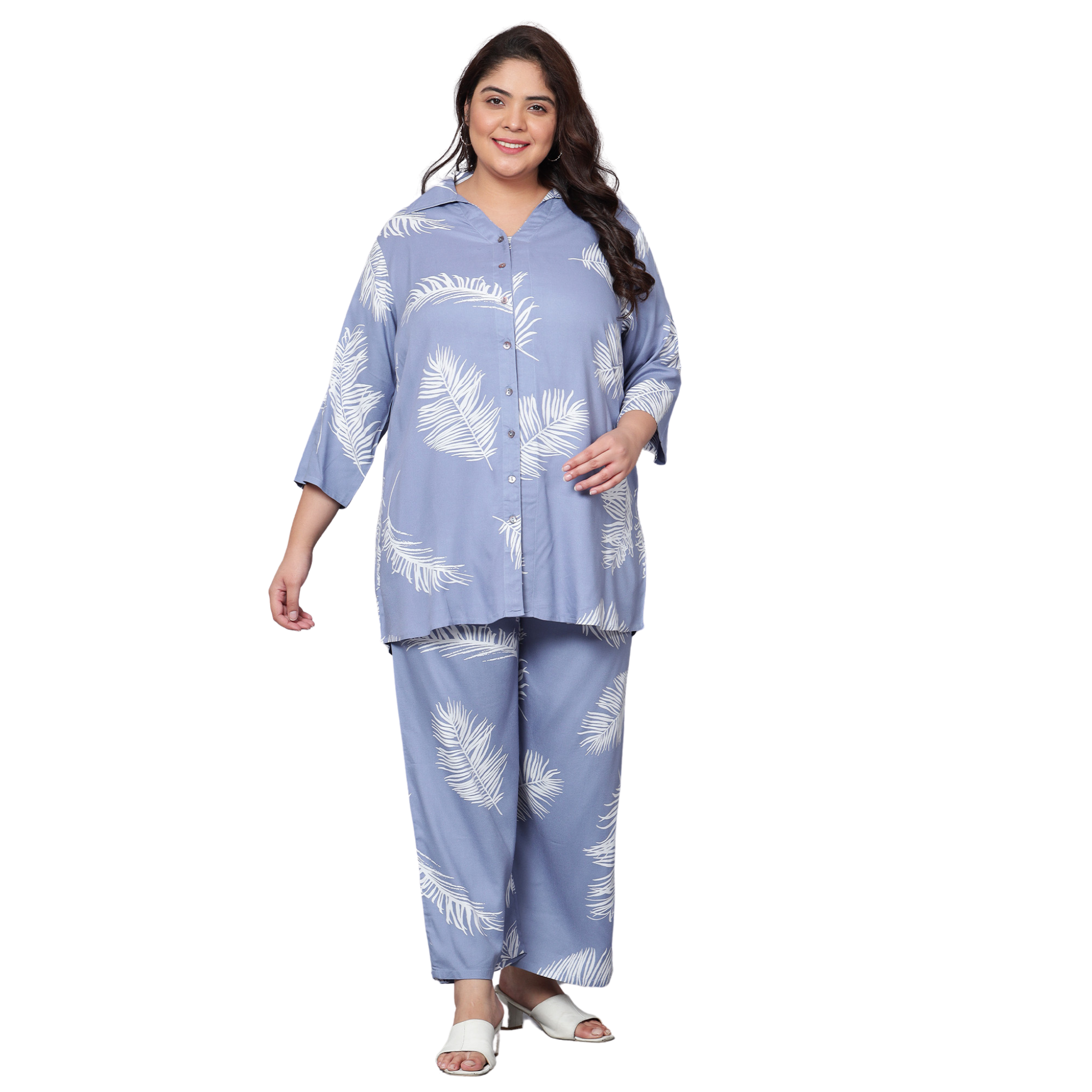 Blue Leaf Print Plus Size Co-Ord Set
