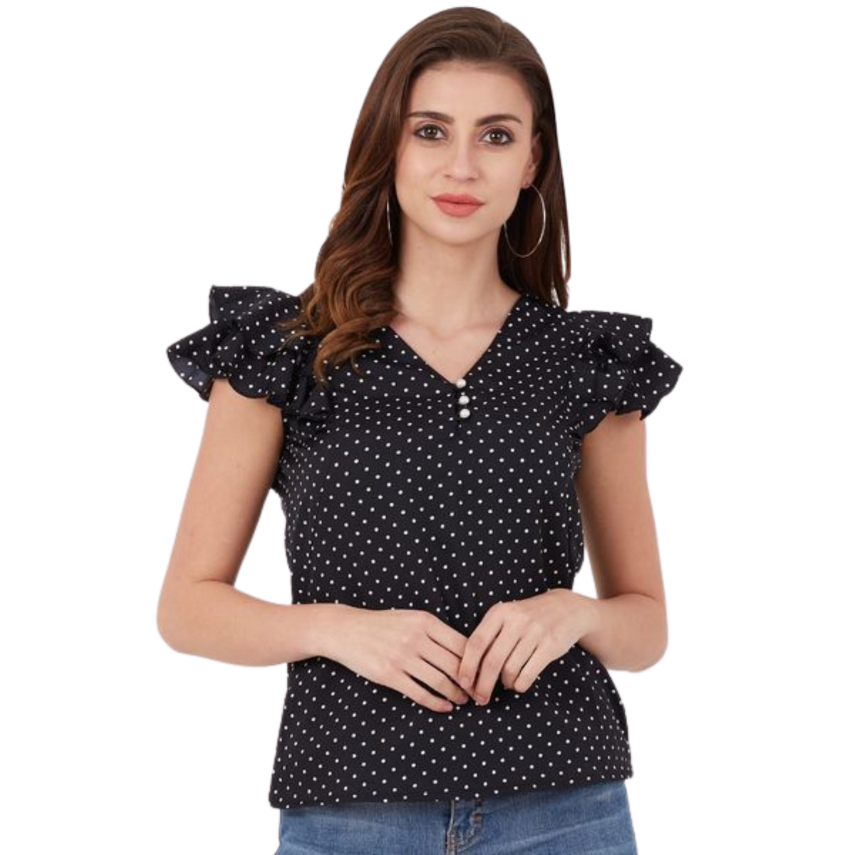 Black Polka Dot Buttoned Ruffle Top