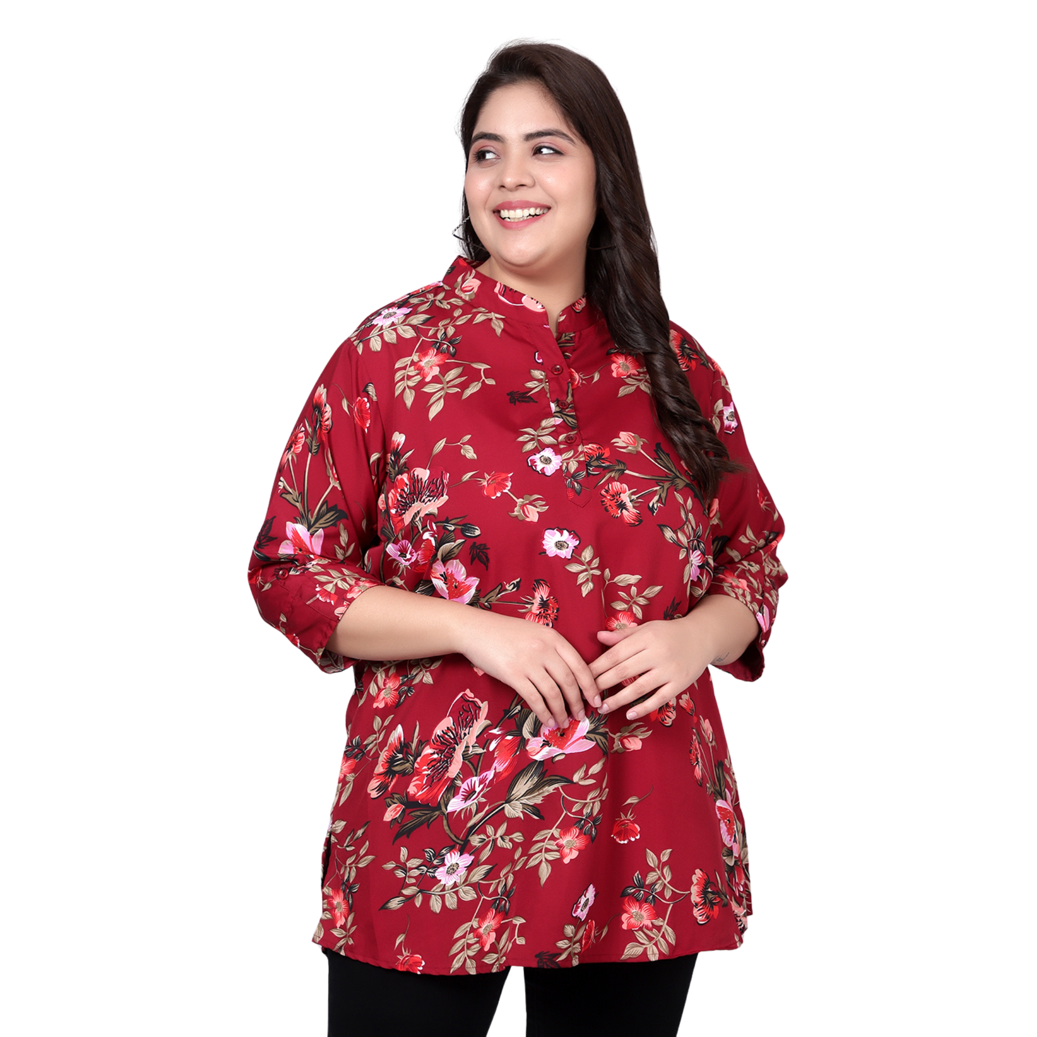 Maroon Floral Print Plus Size Tunic