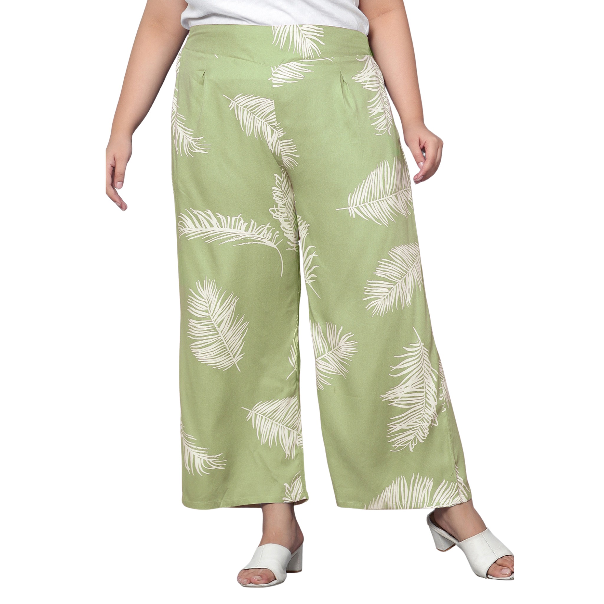 Green Leaf Print Plus Size Trousers