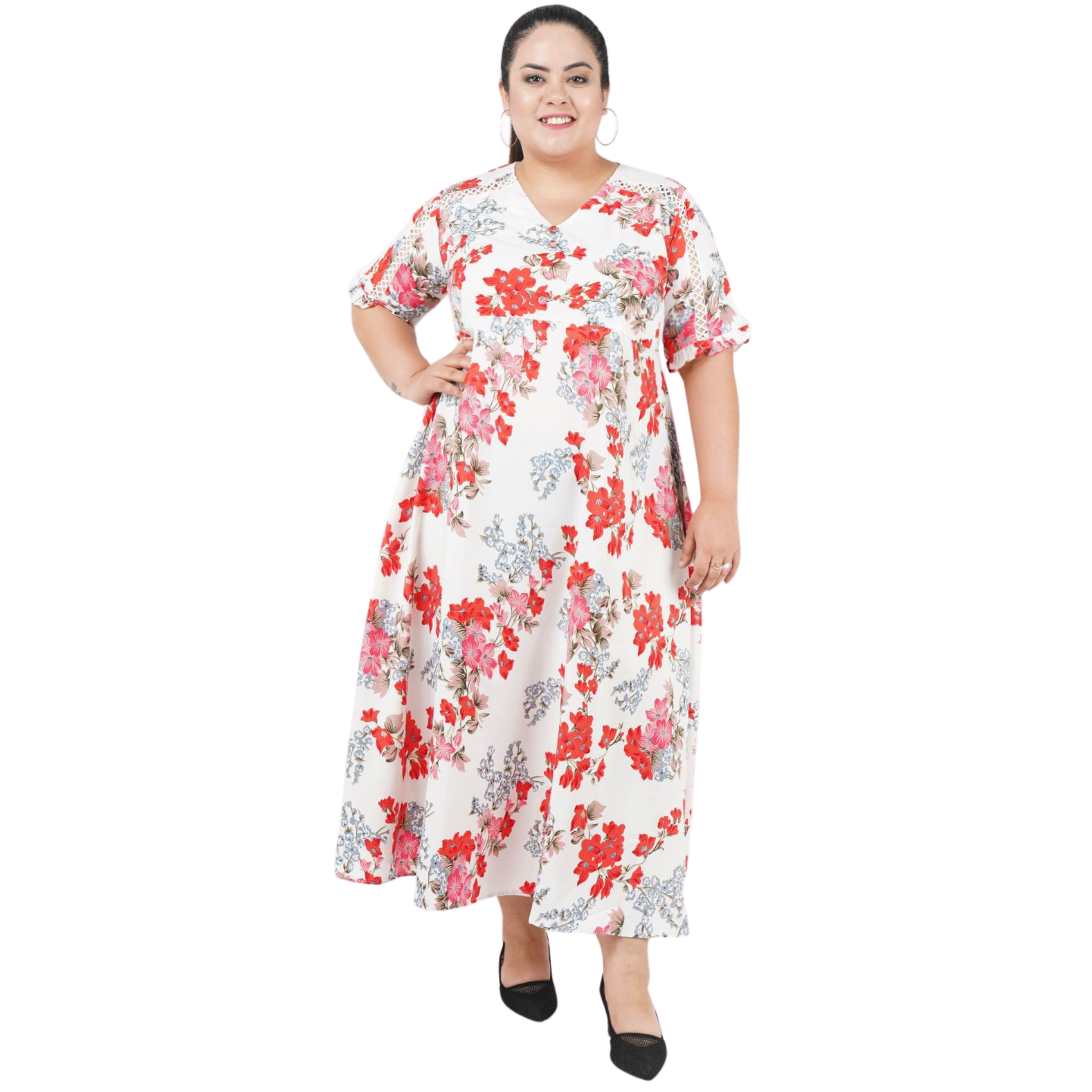 White and Red Floral Print Plus Size Dress