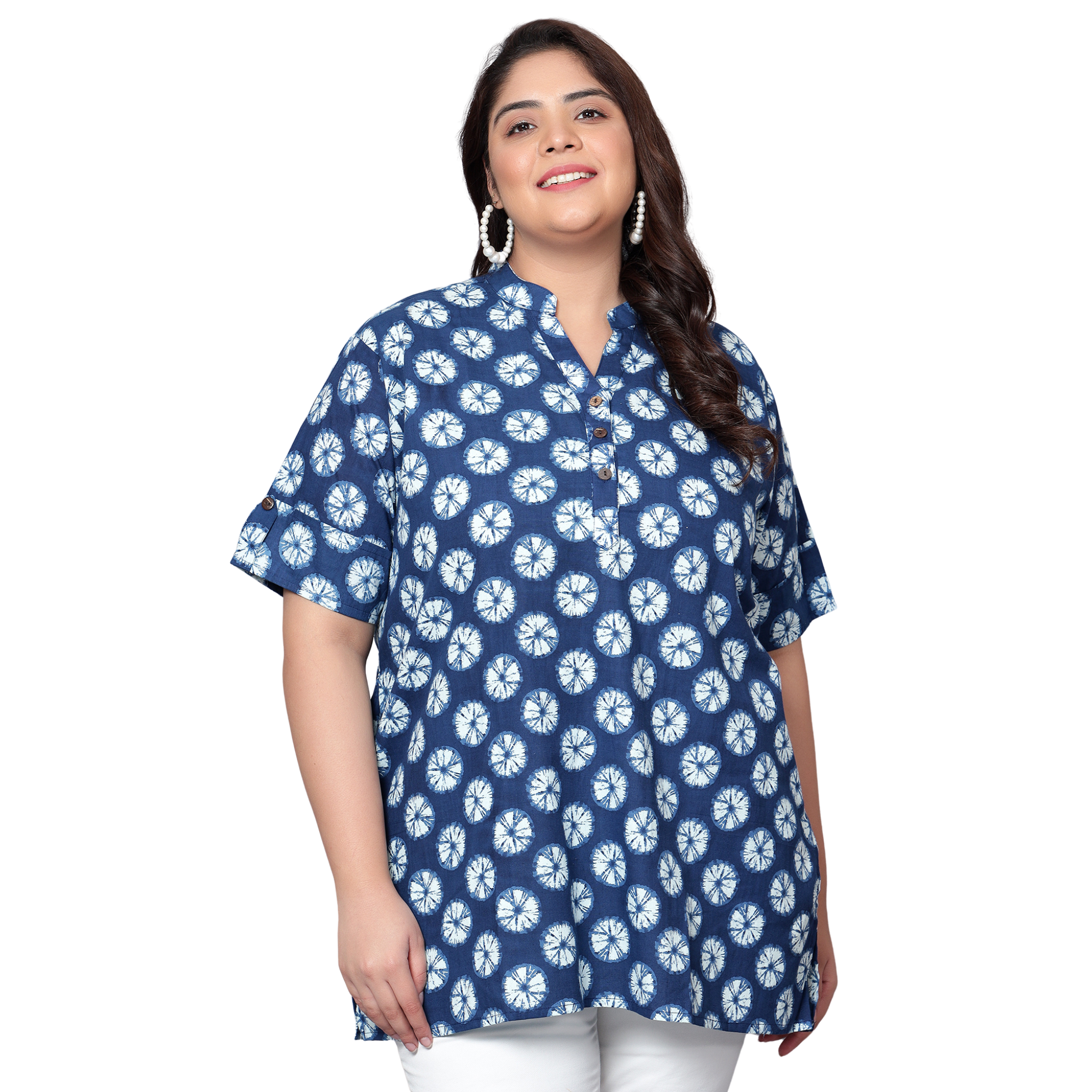 Blue Geometric Cotton Plus Size Tunic