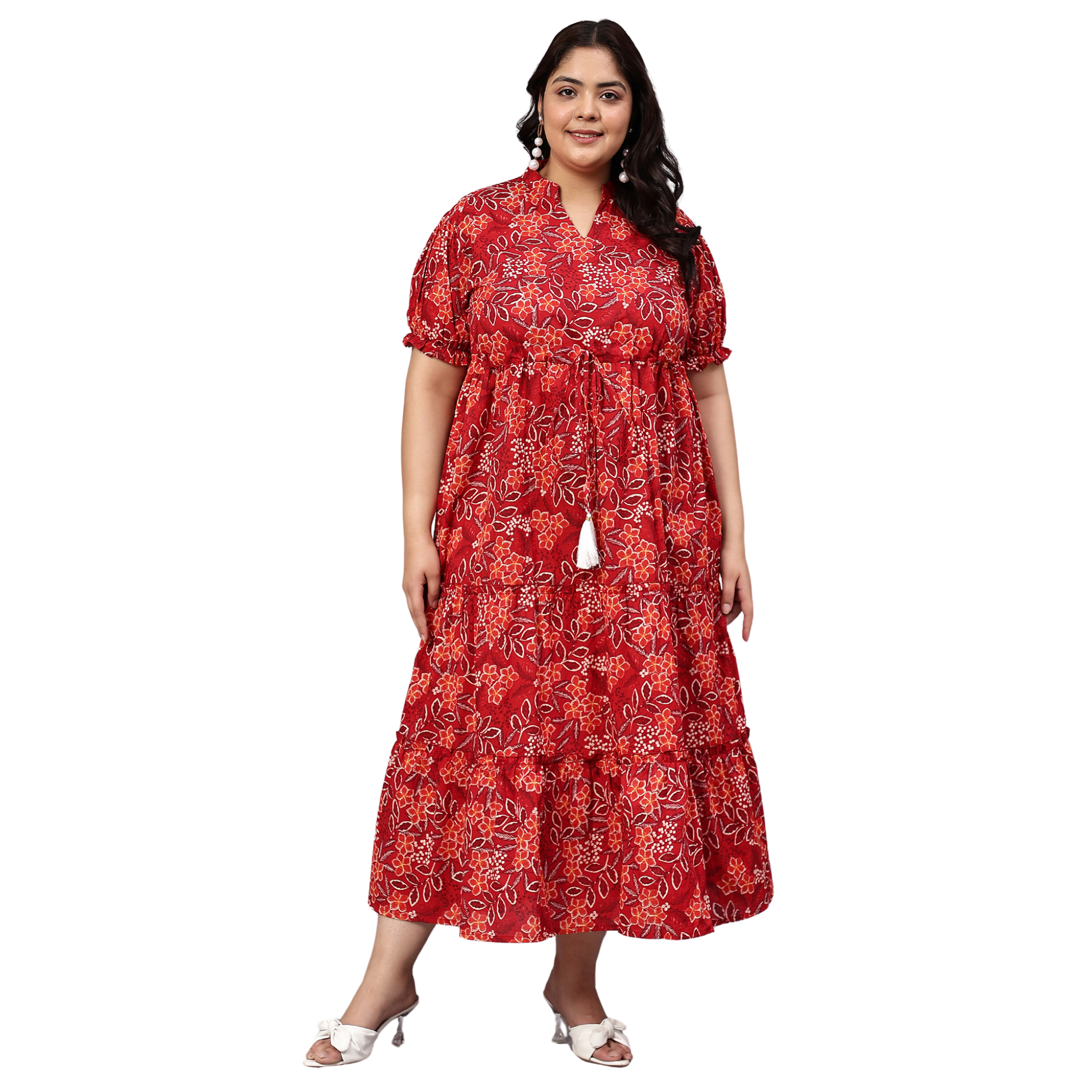 Red Floral Tiered Plus Size Dress