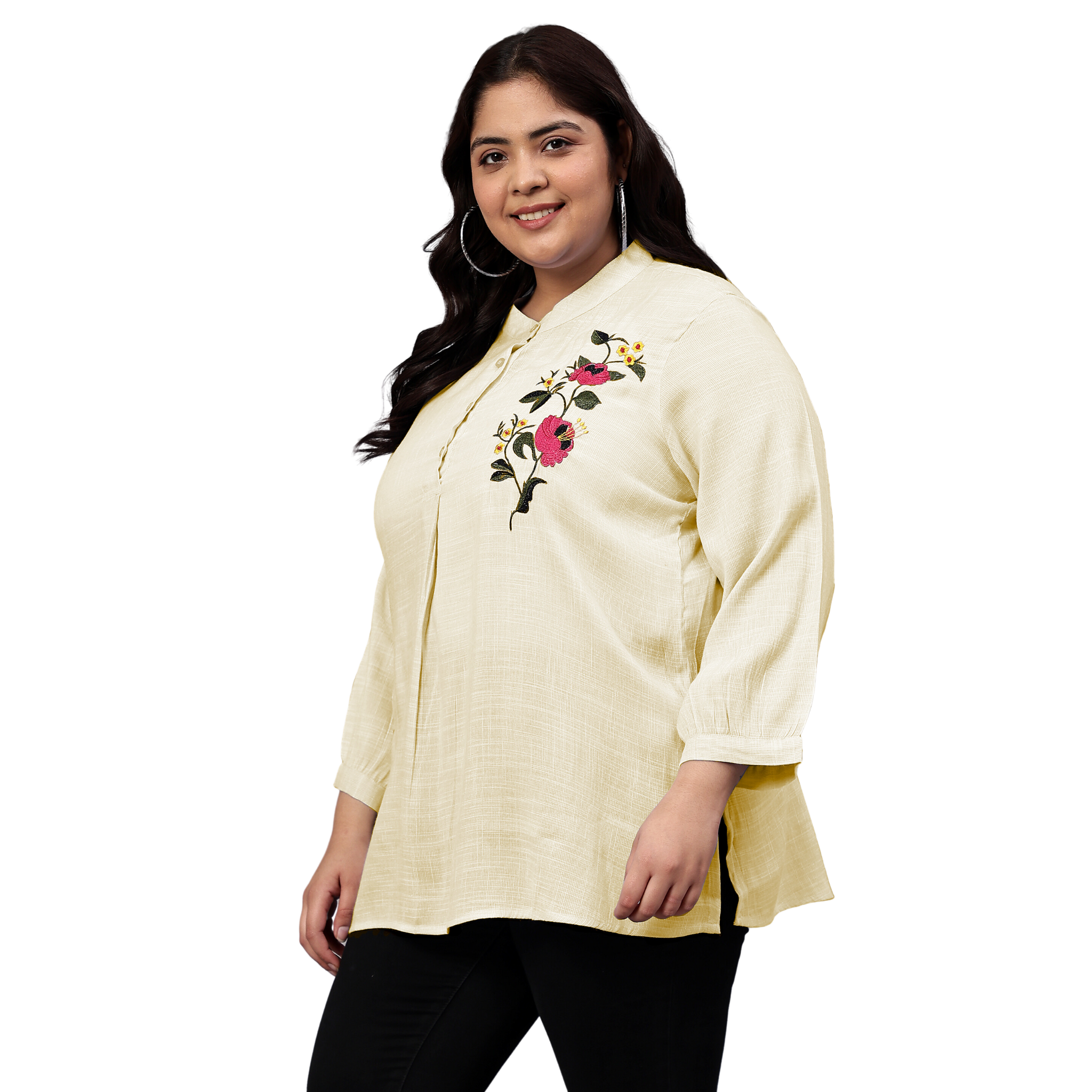 Yellow Floral Embroidered Plus Size Tunic