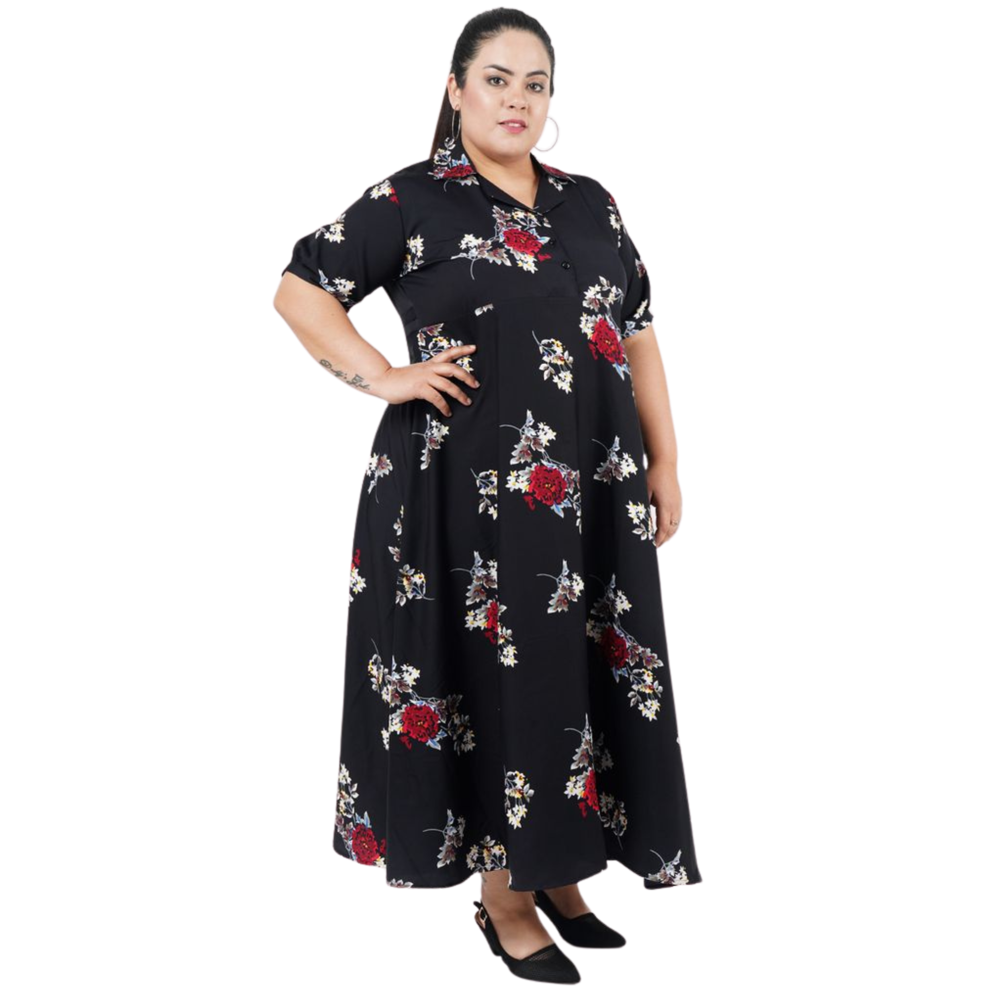 Black and Red Floral Print Plus Size Dress