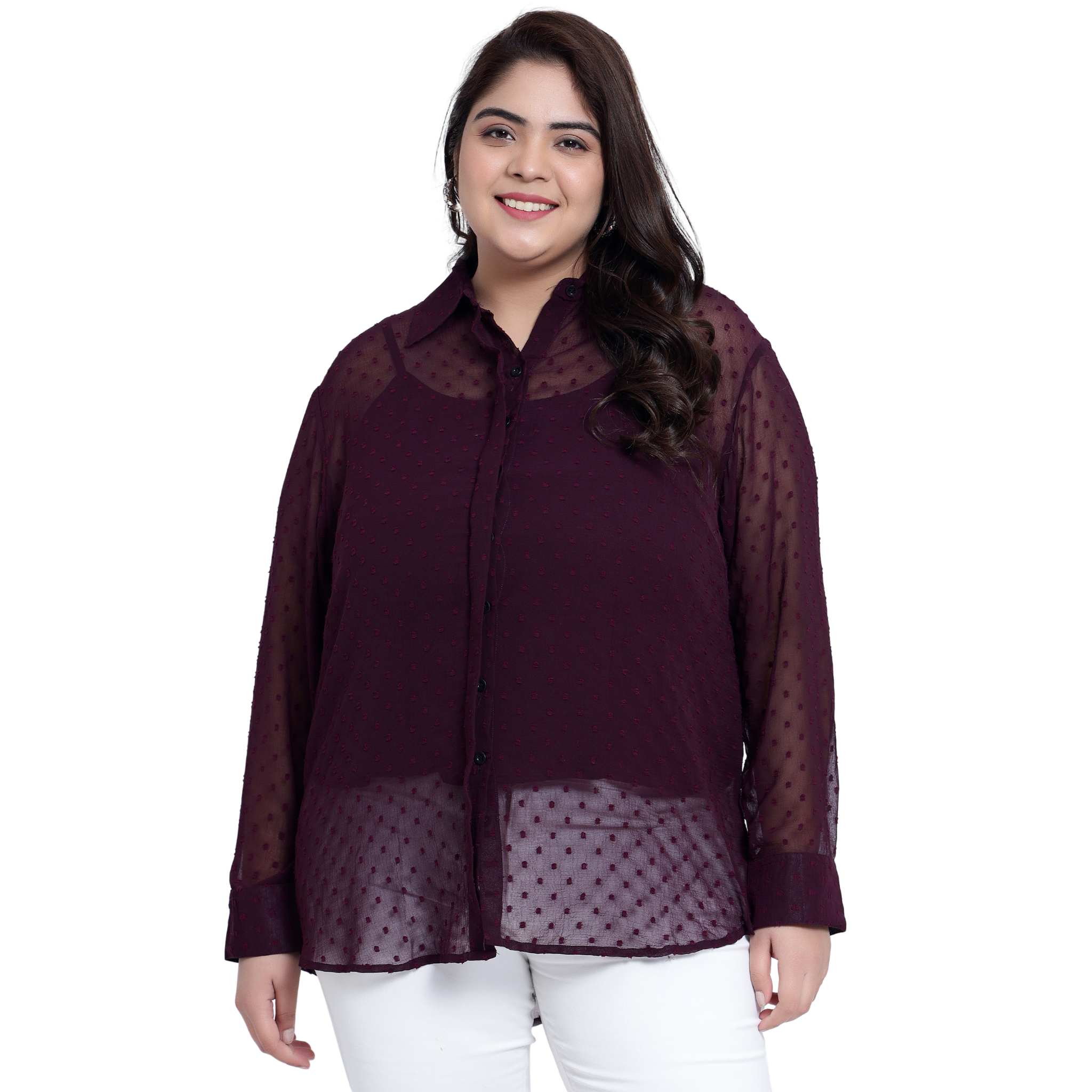 Purple Dobby Sheer Plus Size Shirt with Slip