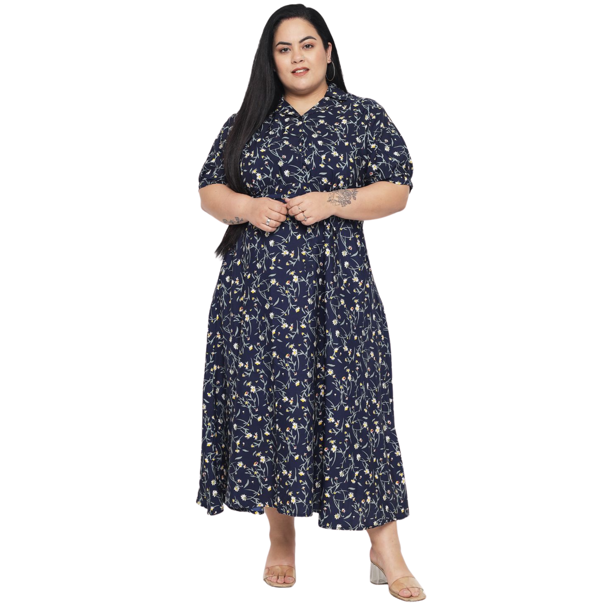 Blue Floral Fit And Flare Plus Size Dress