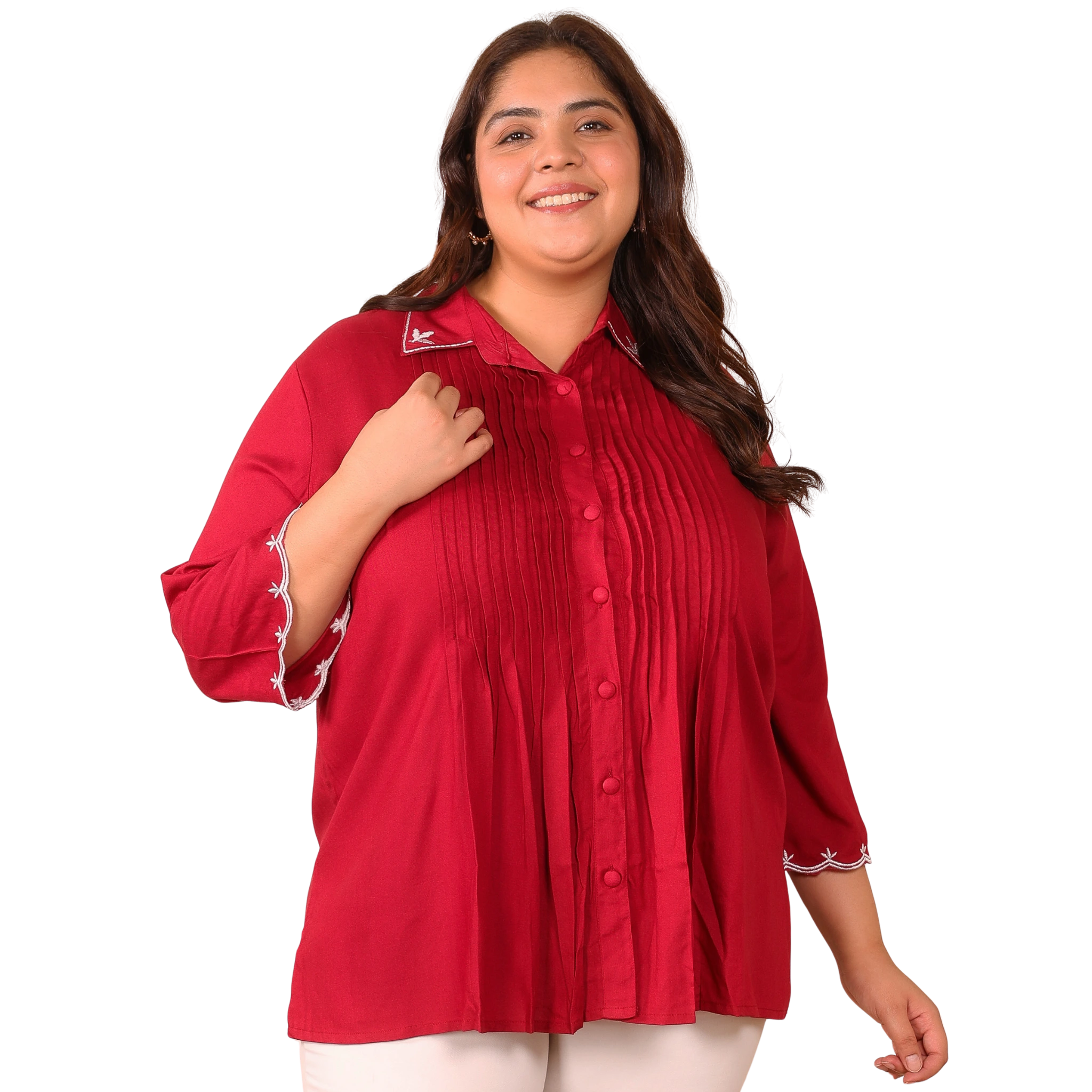 Red Rayon Collar Embroidered Tunic