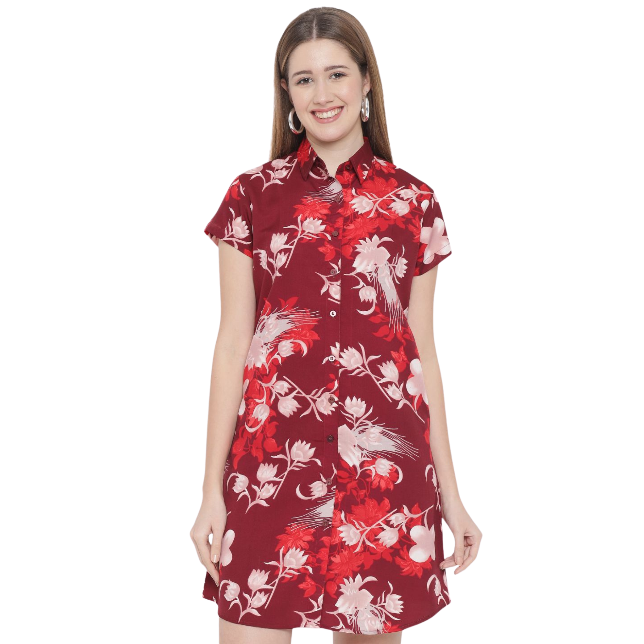 Maroon Floral Shirt Dress