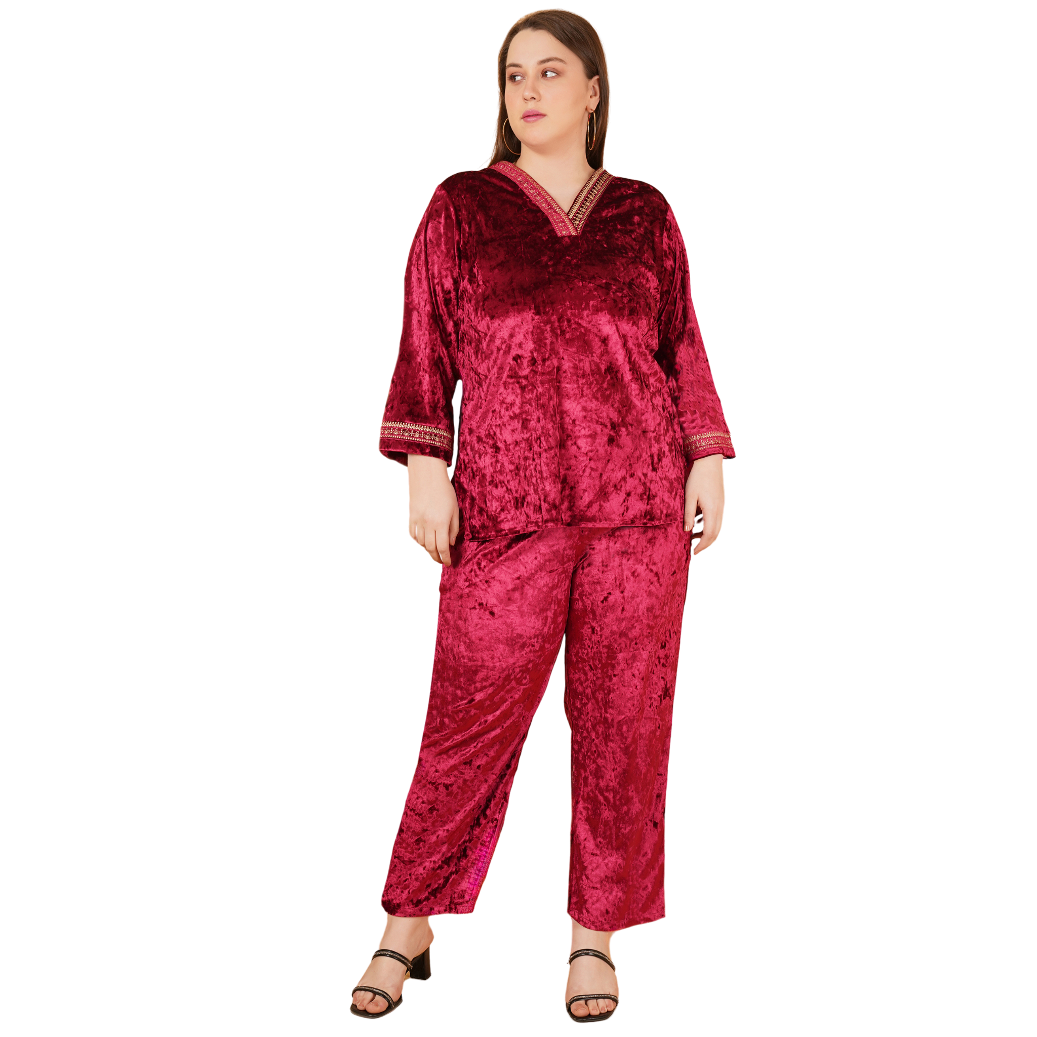 Maroon Velvet Plus Size Co Ord Set