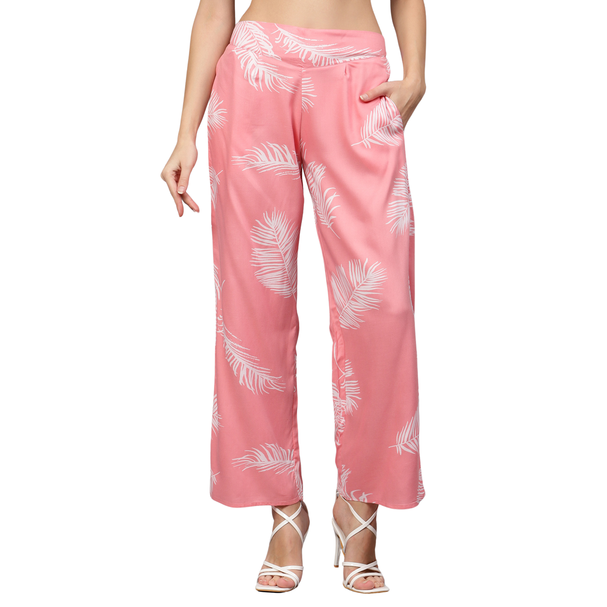 Pink Leaf Print Trousers