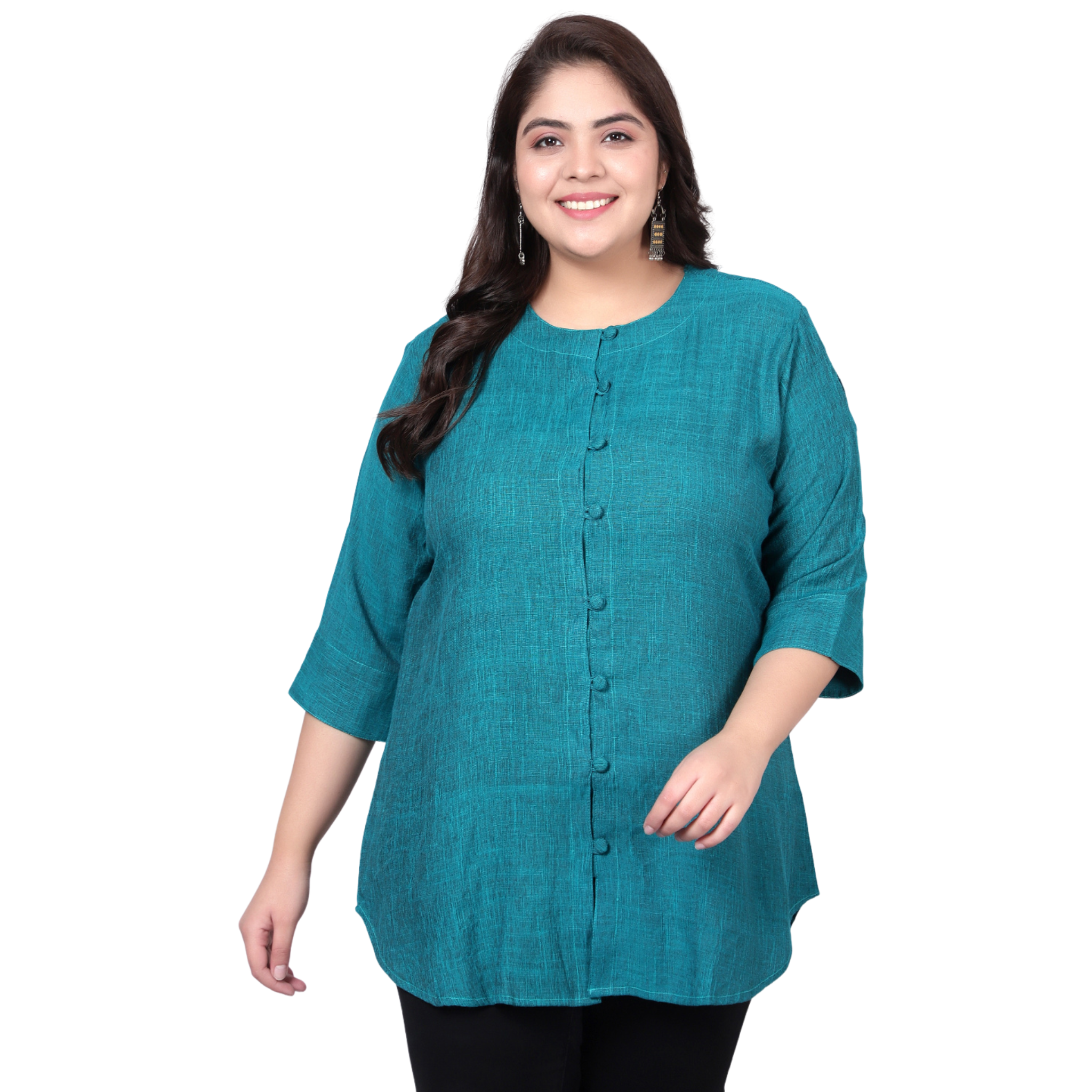 Turquoise Cotton Linen Plus Size Tunic