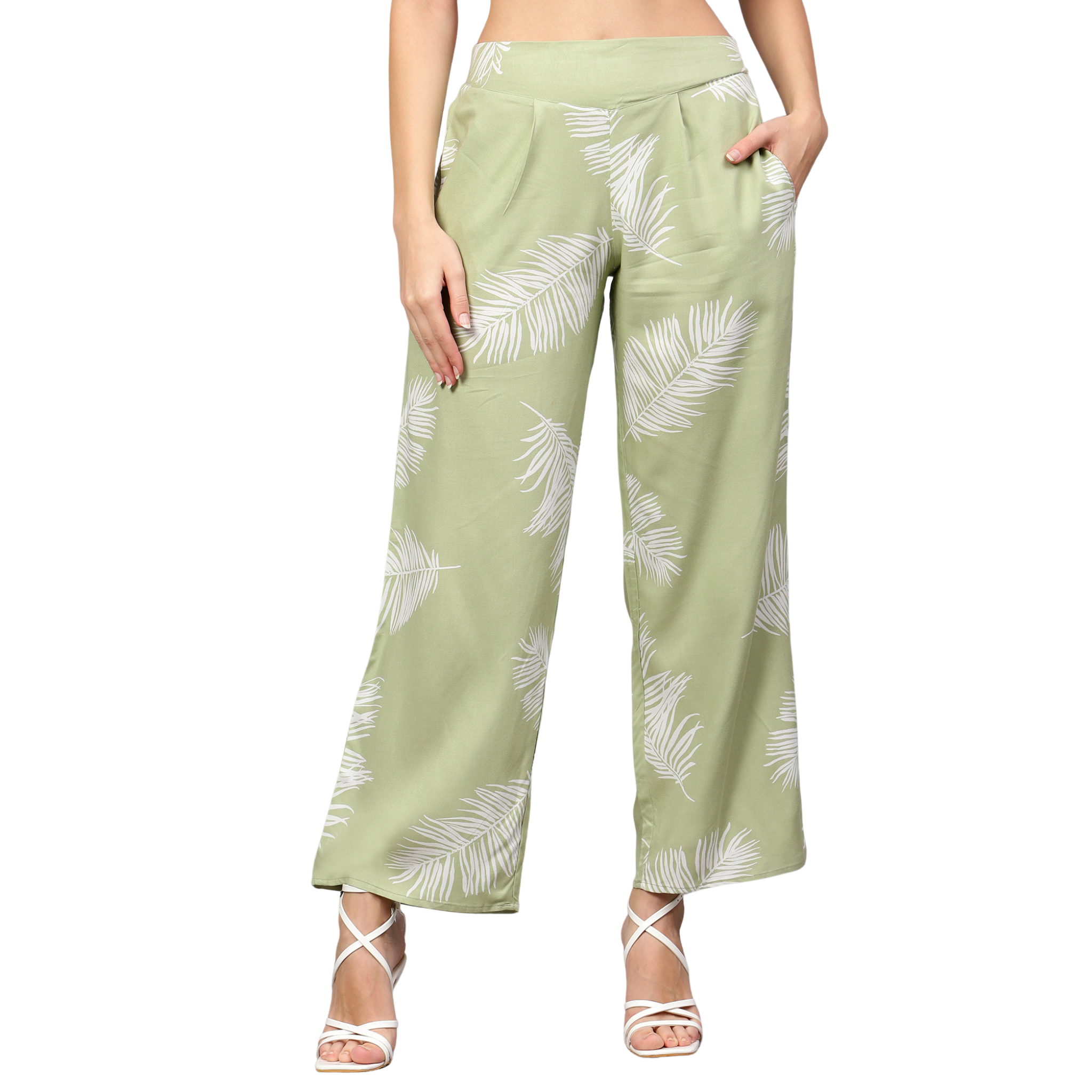 Green Leaf Print Trousers