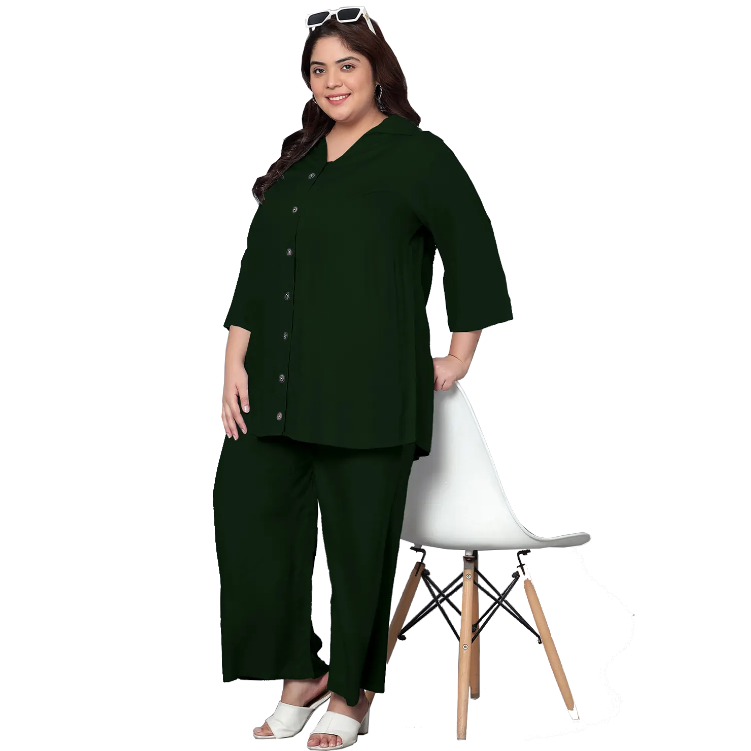 Dark Green Solid Plus Size Co-Ord Set