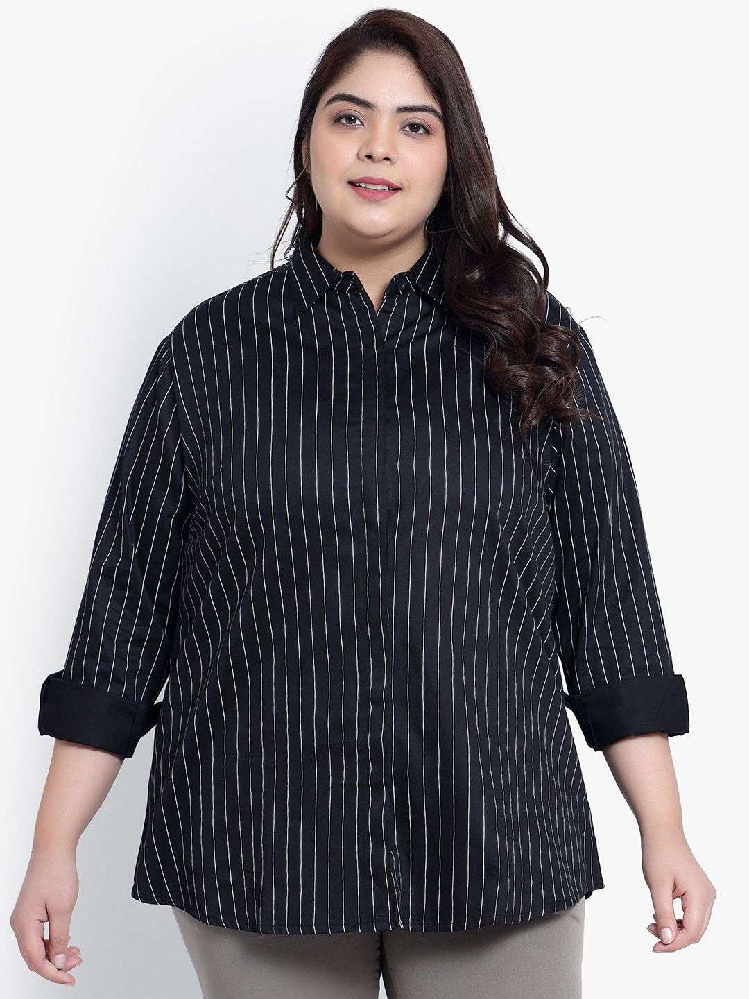Black Stripe Formal Plus Size Shirt — view 1
