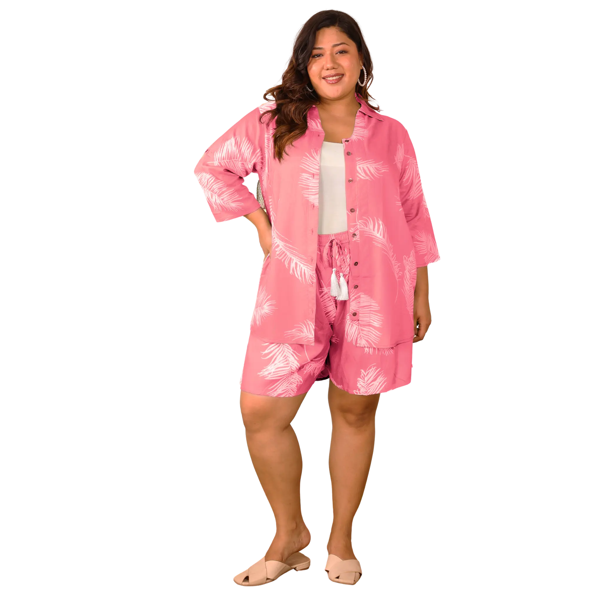 Pink Leaf Shirt And Short Set