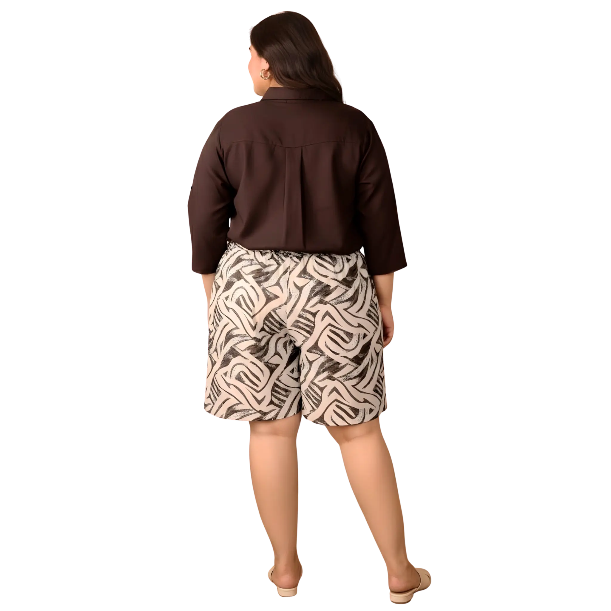 Brown Solid Shirt and Abstract Print Shorts Set