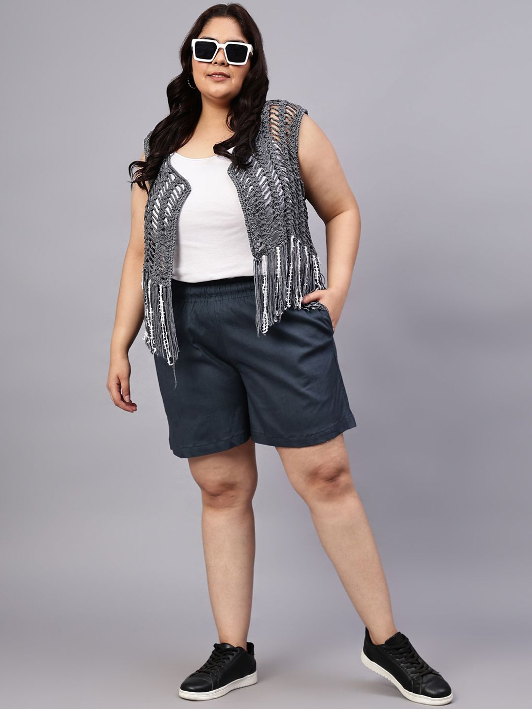 Grey Cotton Plus Size Shorts — view 6