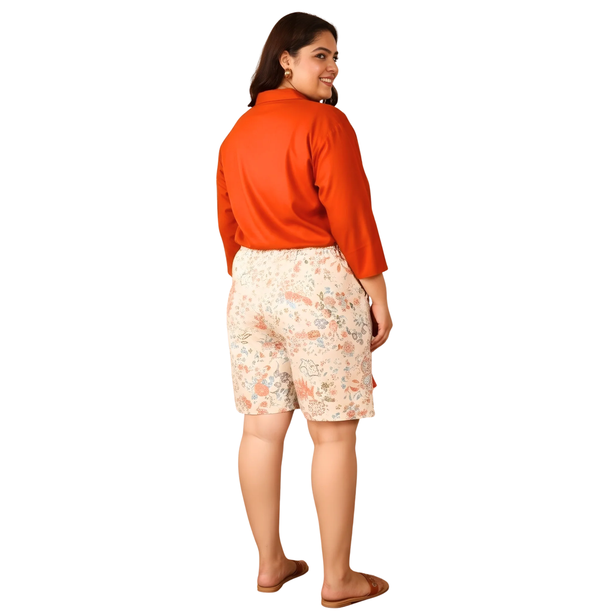 Orange Solid Shirt and Floral Print Shorts Set