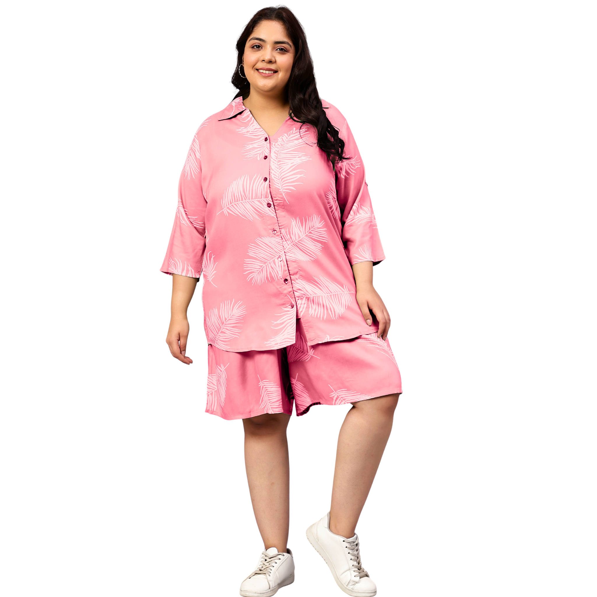 Pink Leaf Plus Size Flared Shorts