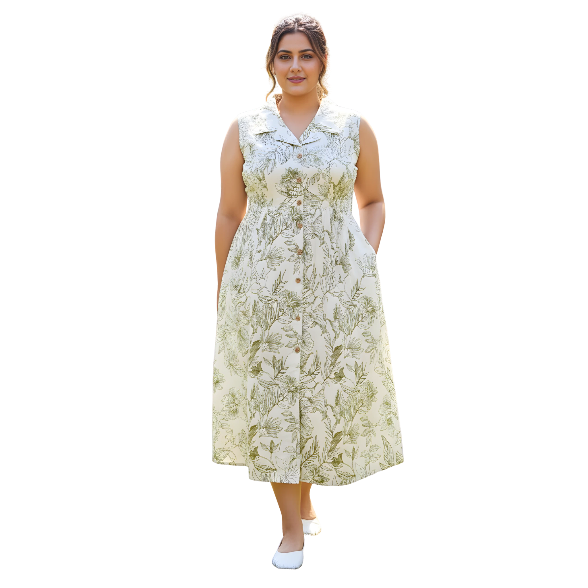 Green Stencil Print Midi Dress