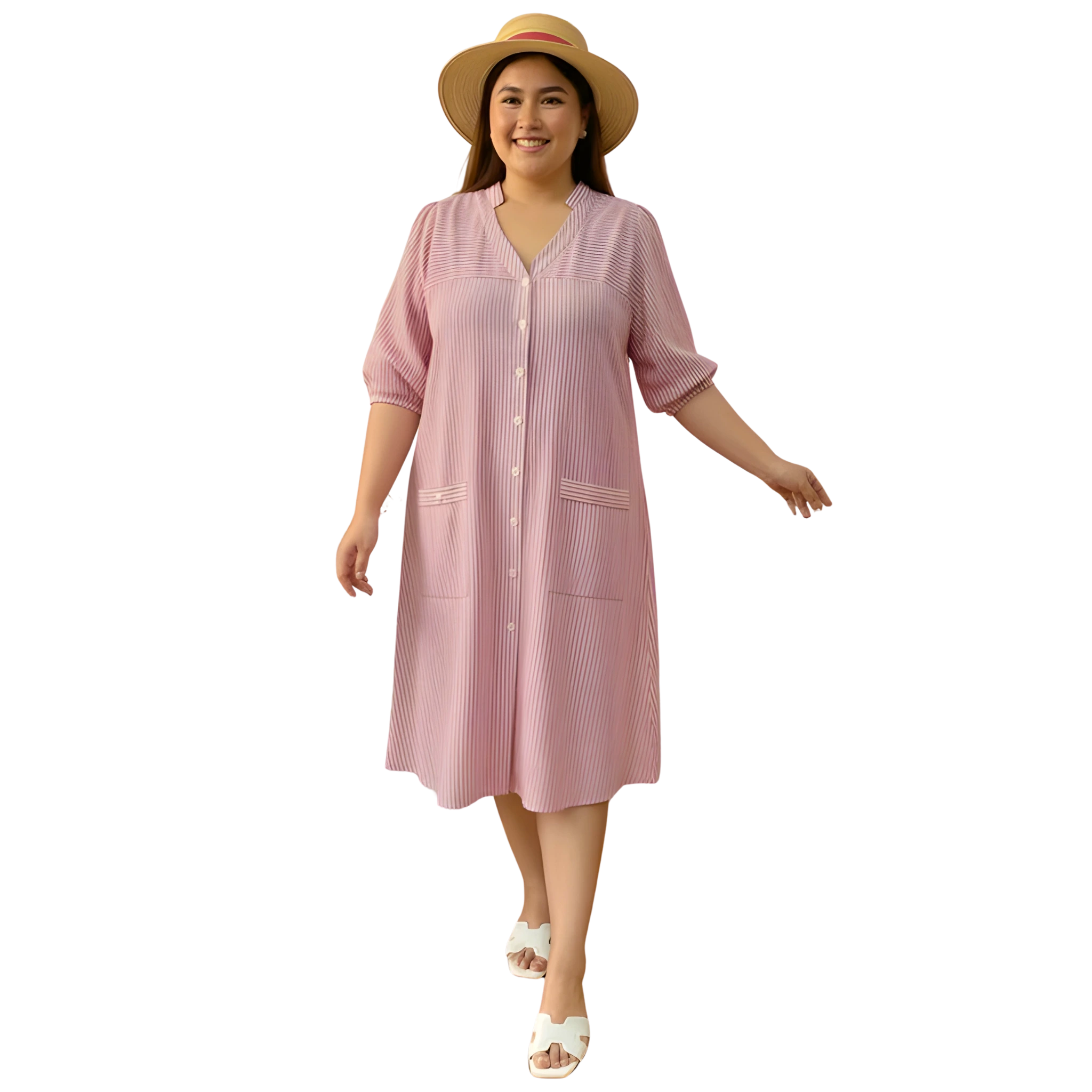 Pink Stripe Print Linen Midi Dress