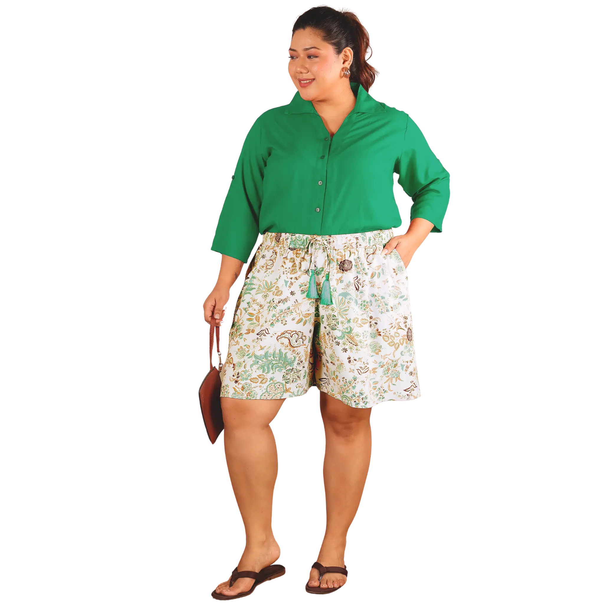 Green Floral Print Plus Size Shorts