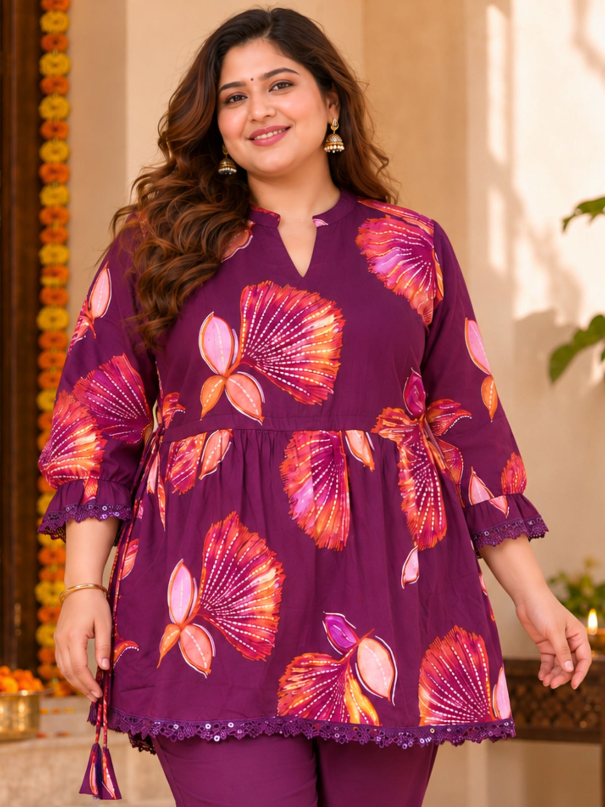 Purple Motif Print Peplum Lace Tunic