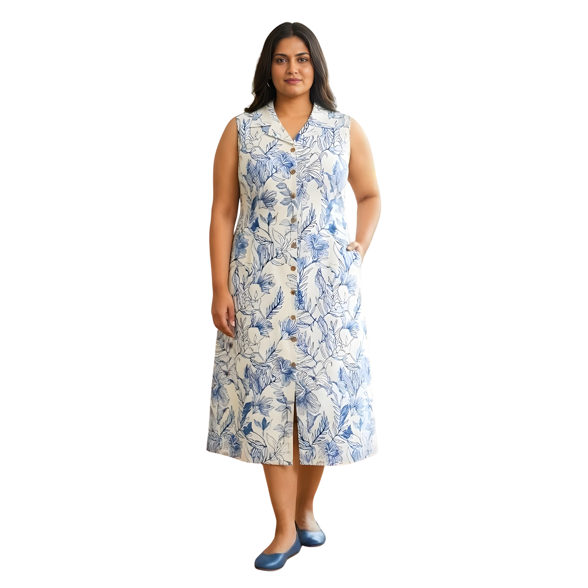 Blue Stencil Print Midi Dress