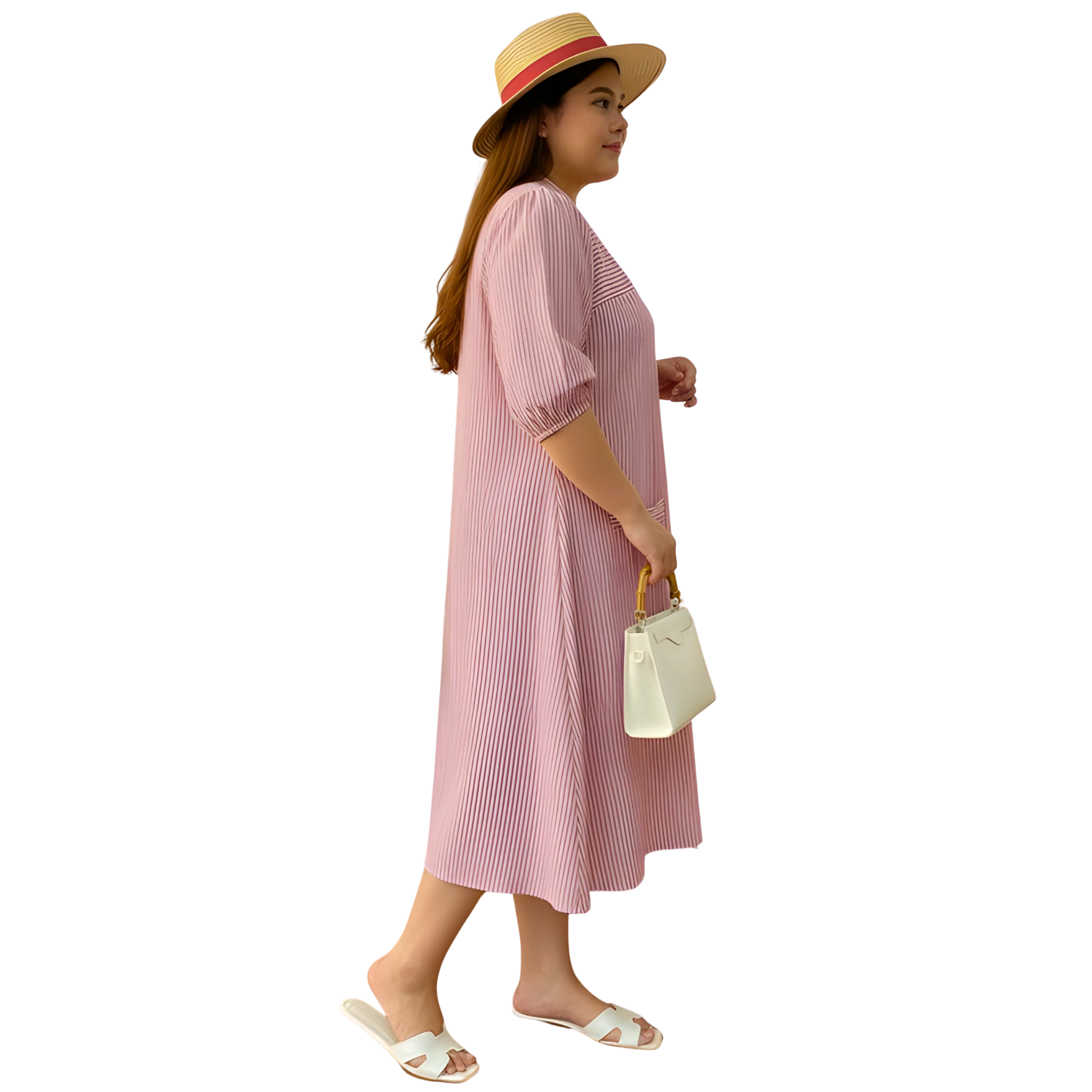 Pink Stripe Print Linen Midi Dress