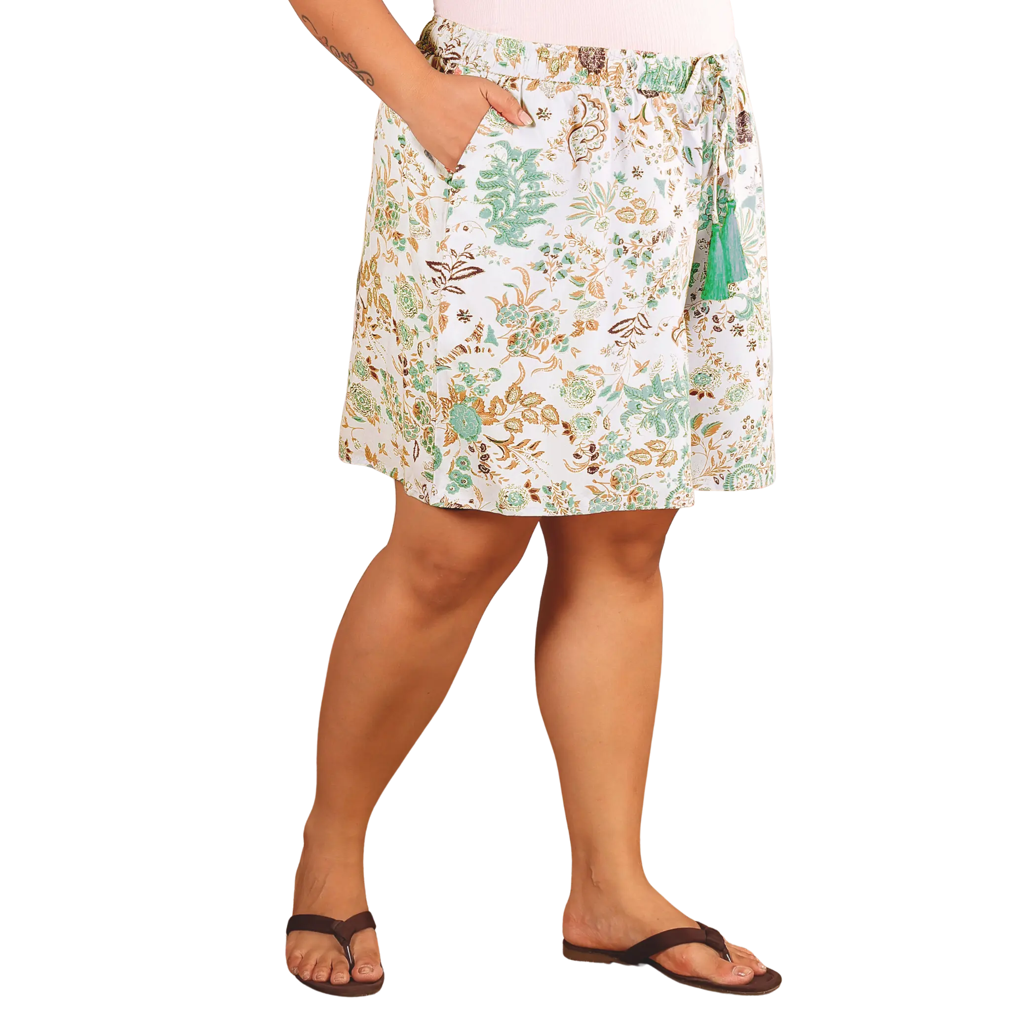 Green Floral Print Plus Size Shorts
