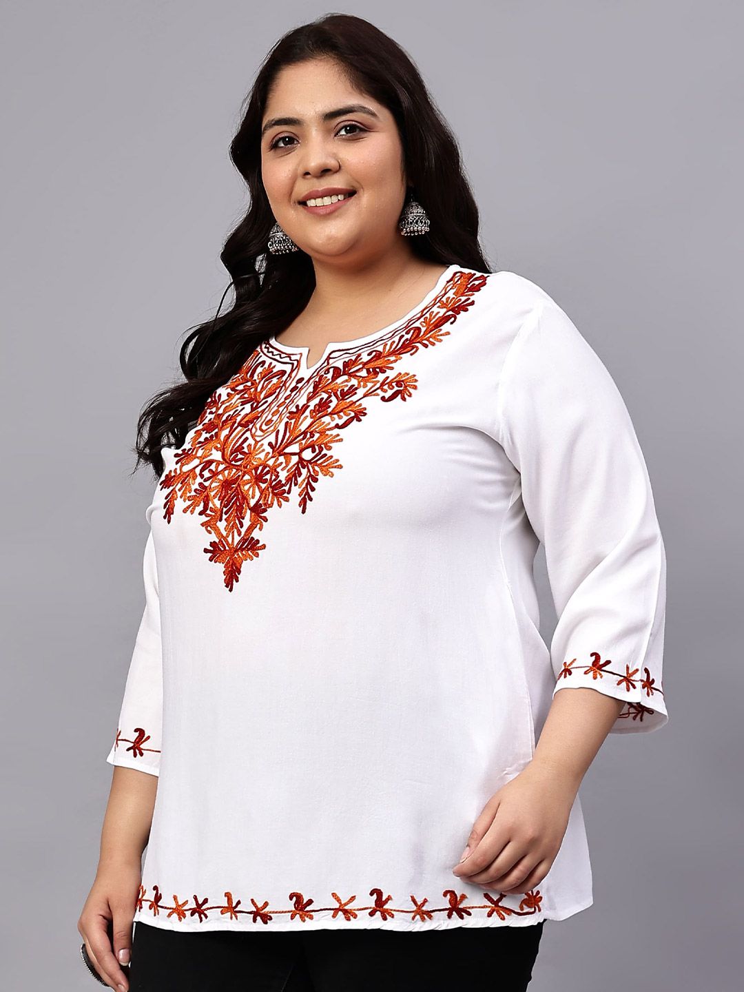 White And Red Embroidered Plus Size Tunic — view 4