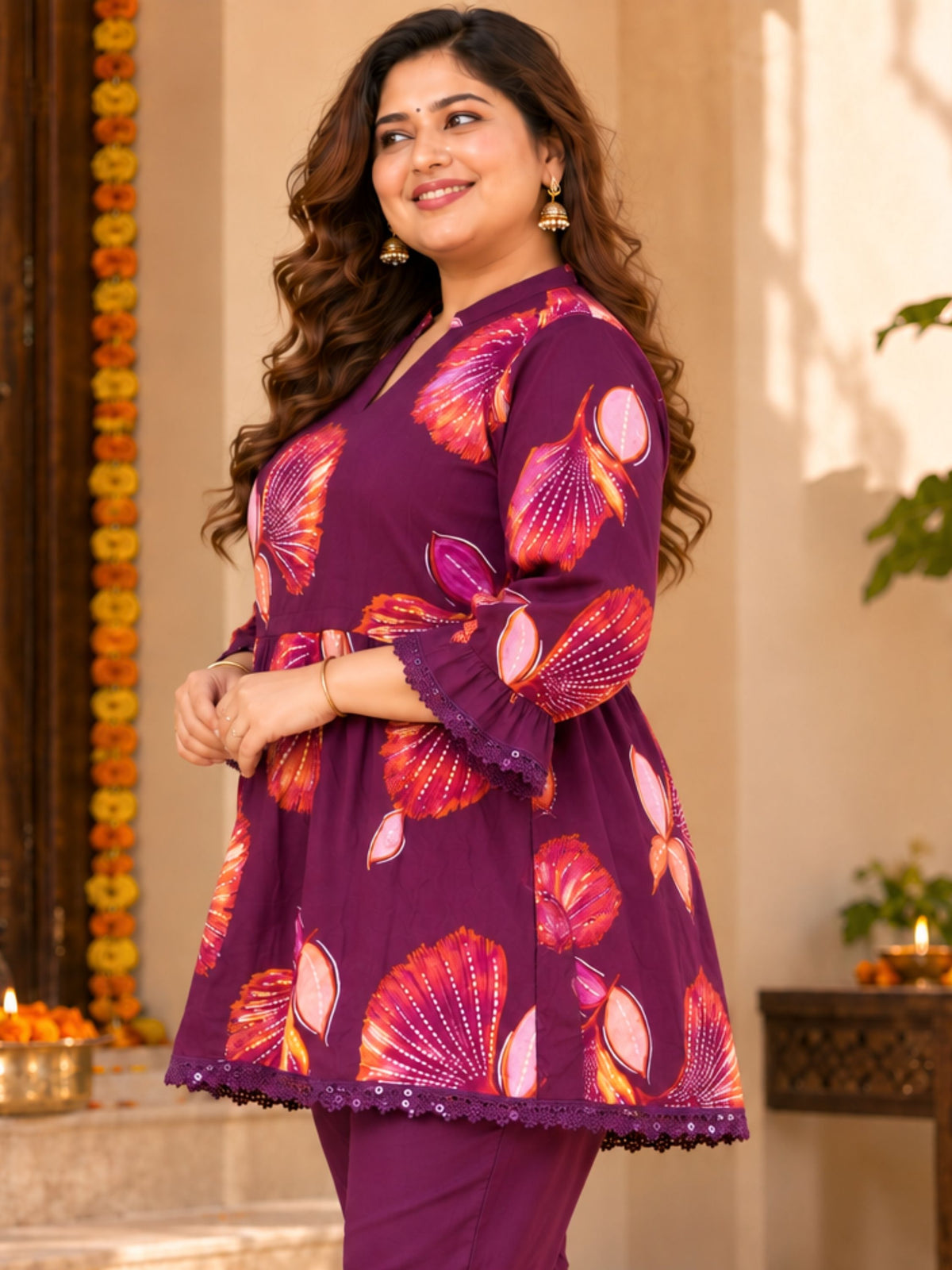 Purple Motif Print Peplum Lace Tunic