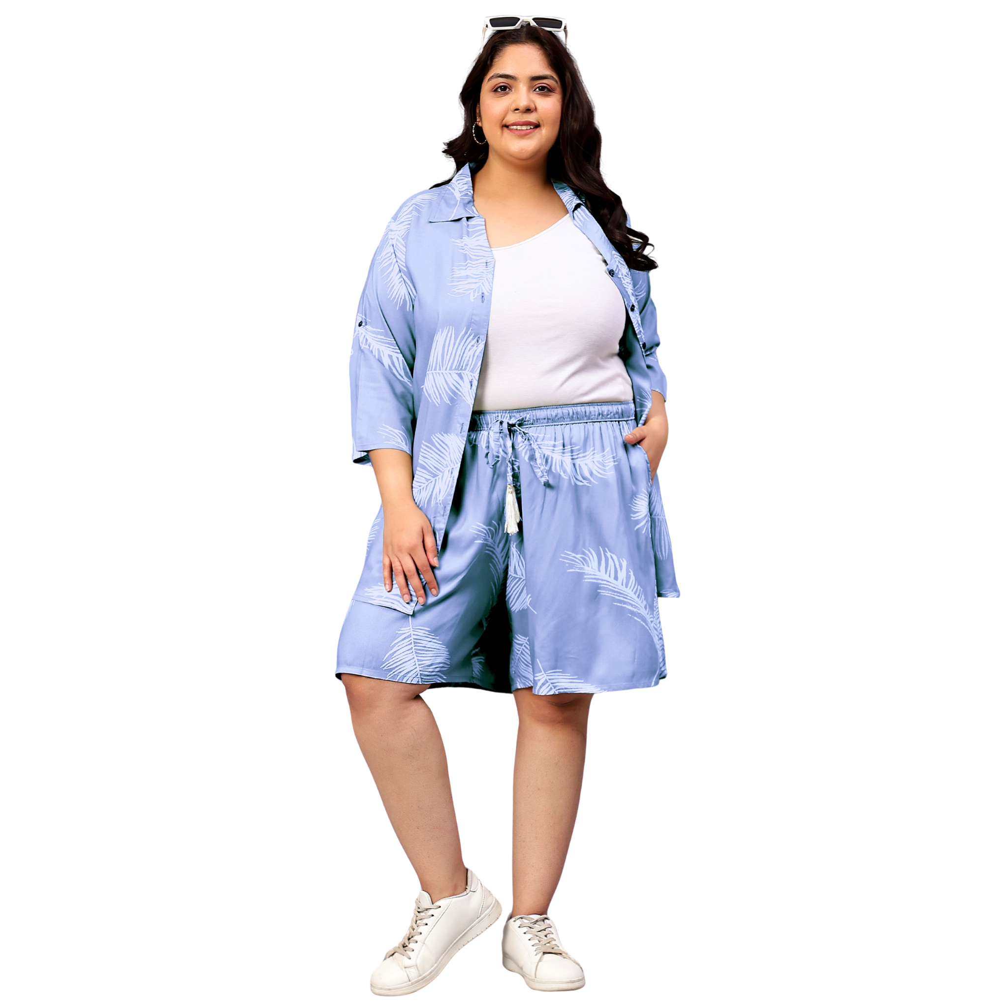 Blue Leaf Plus Size Flared Shorts