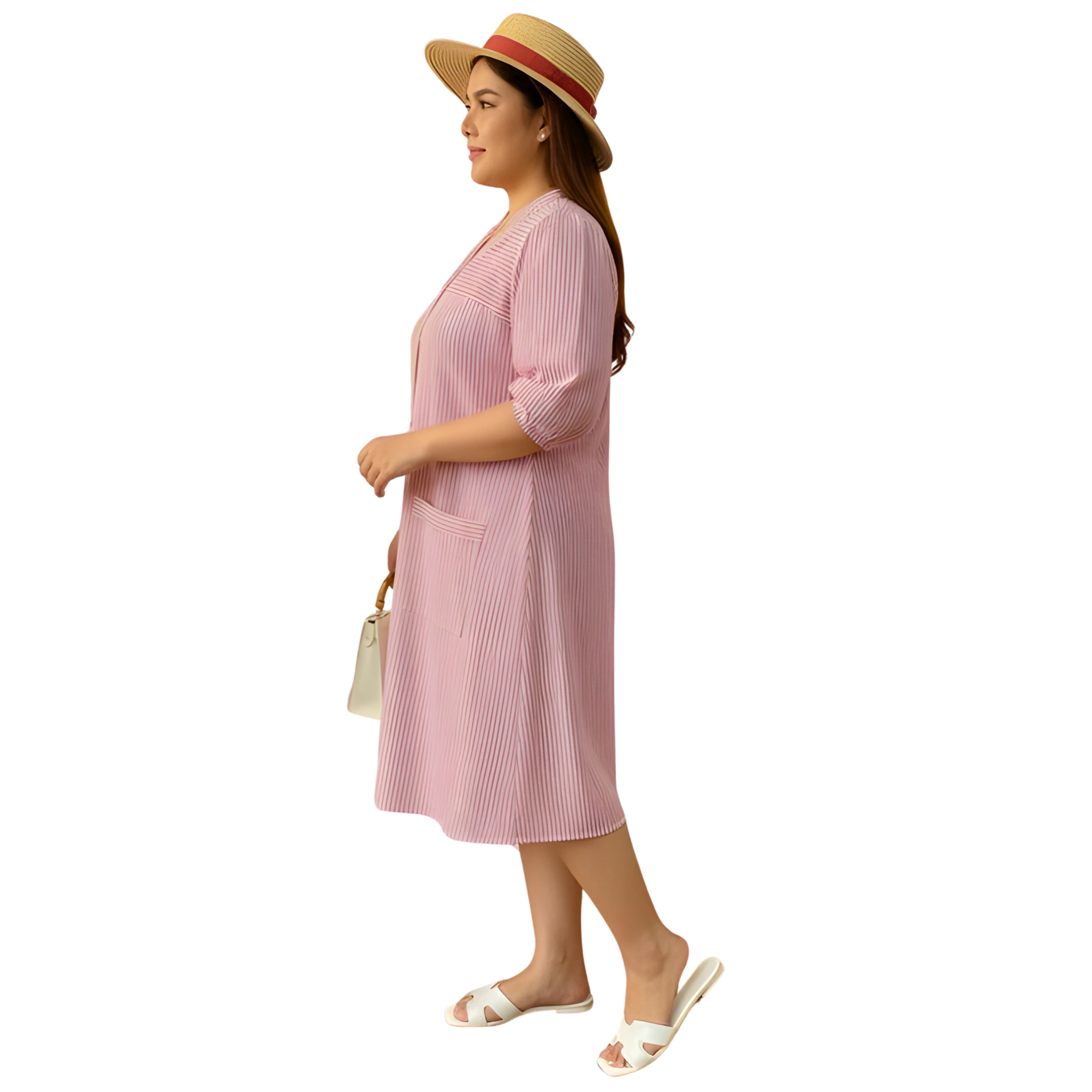 Pink Stripe Print Linen Midi Dress