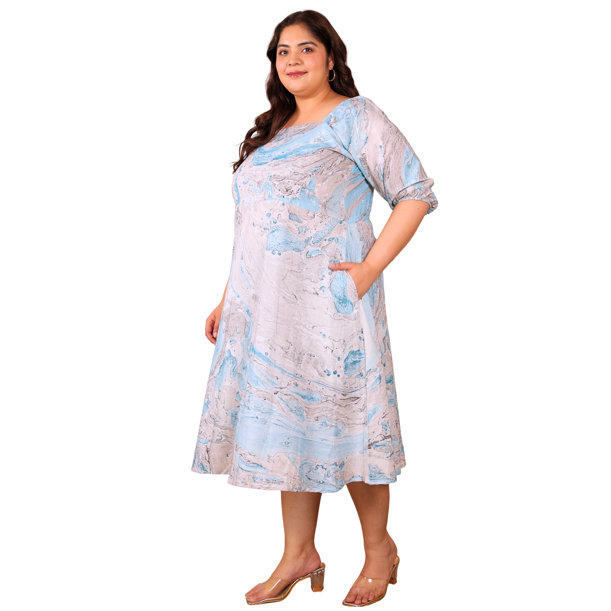 Blue Marble Print Plus Size Dress