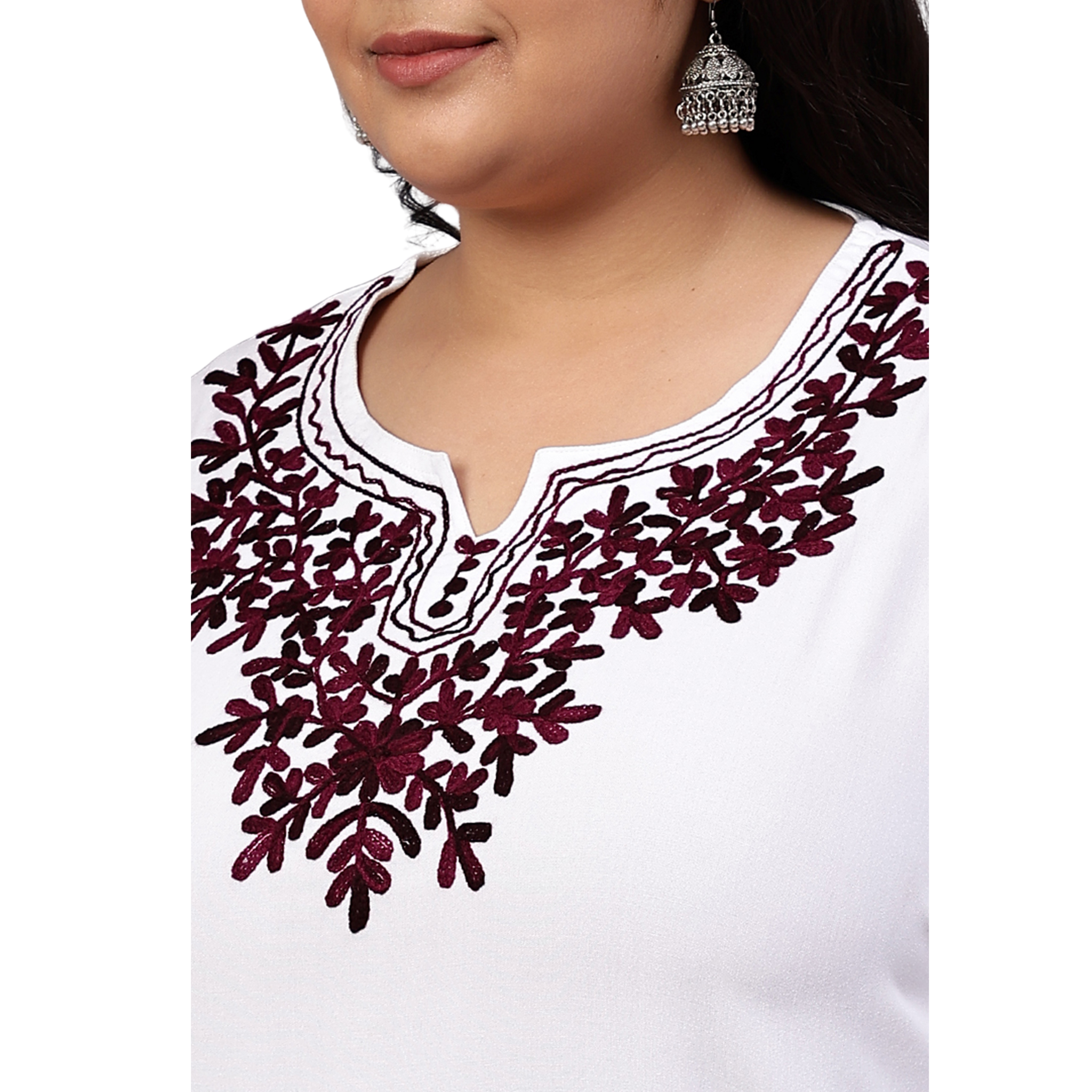 White And Purple Embroidered Plus Size Tunic
