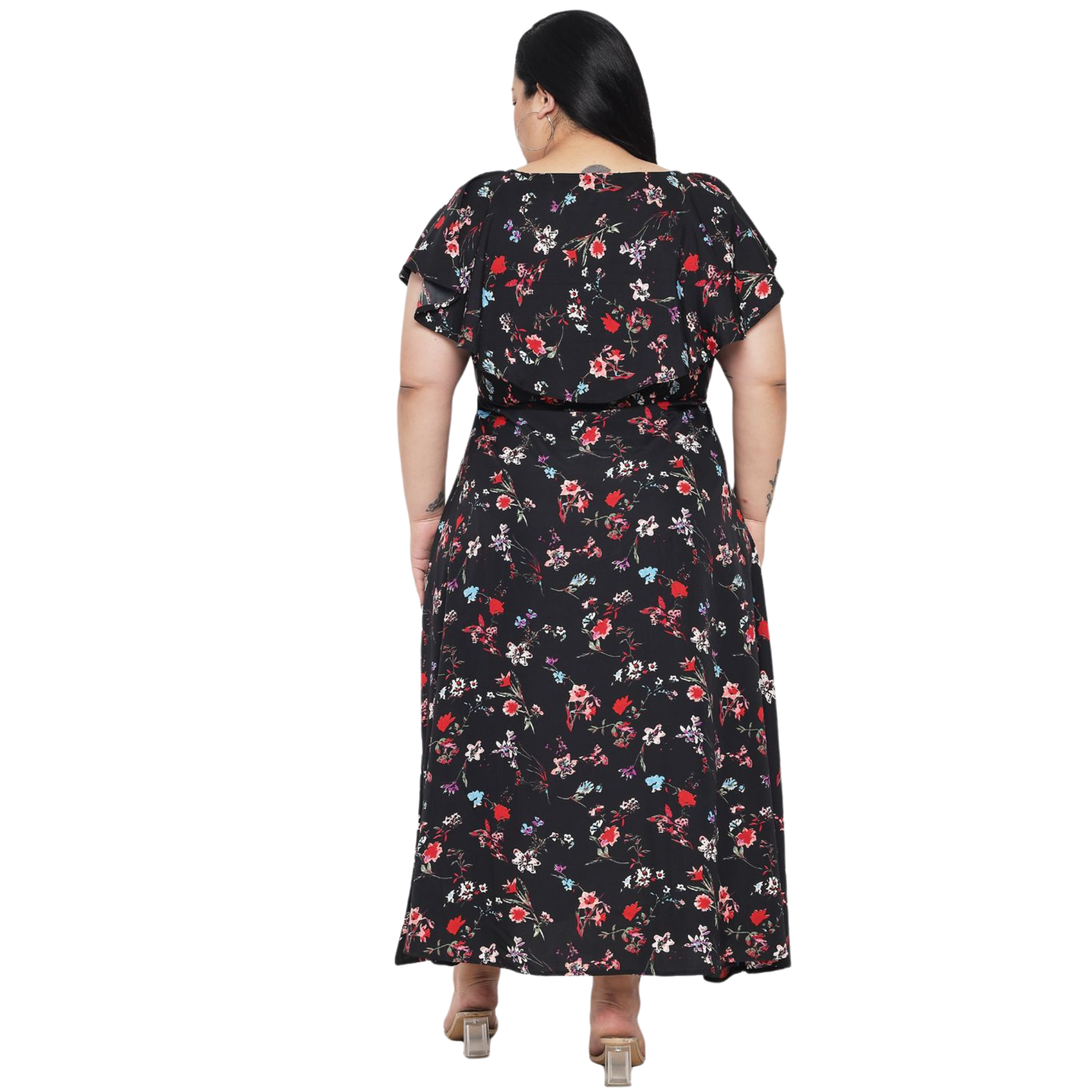 Black Floral Print Plus Size Dress