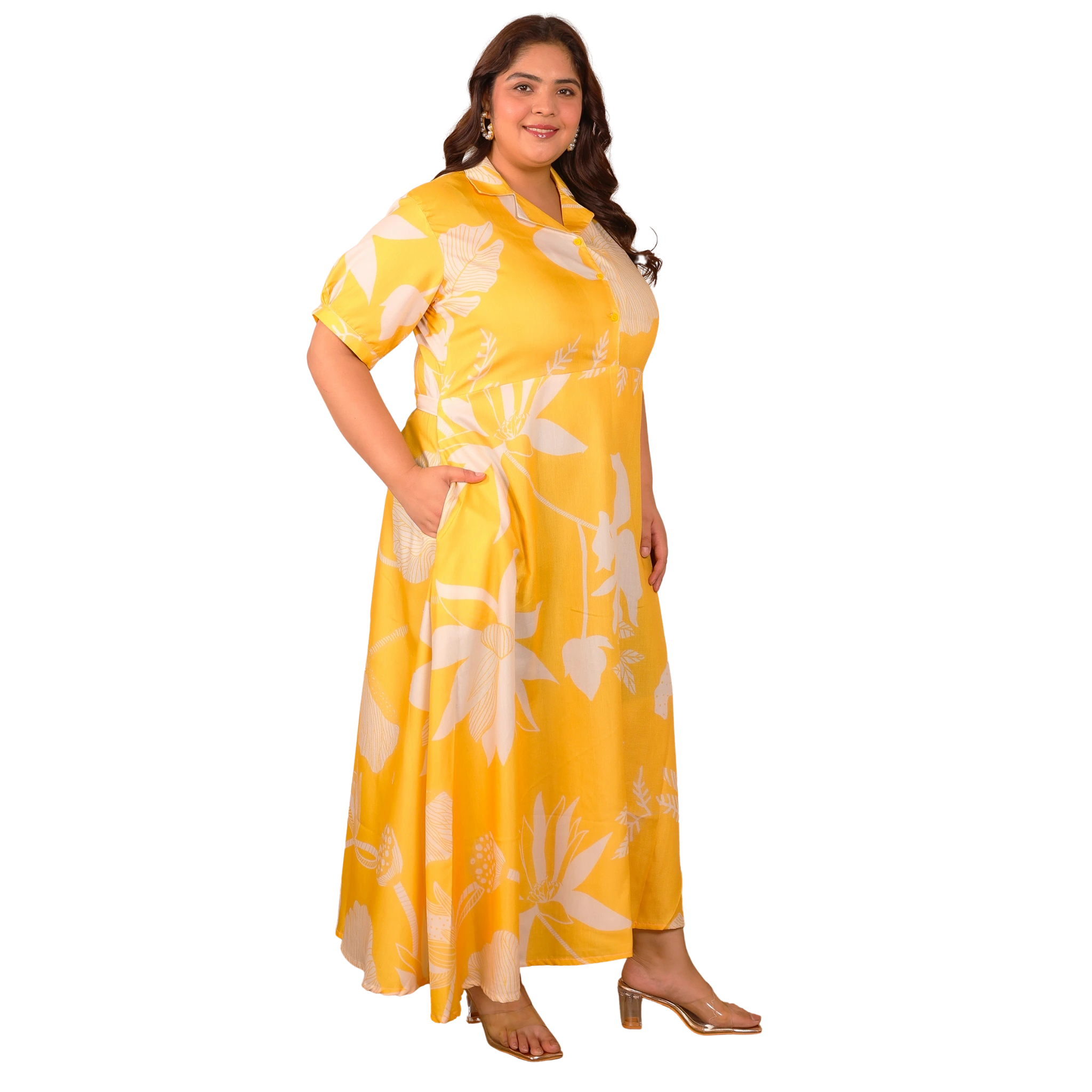 Yellow And White Floral Maxi Plus Size Dress