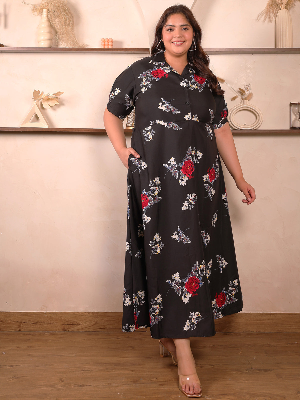 Black and Red Floral Print Plus Size Maxi Dress